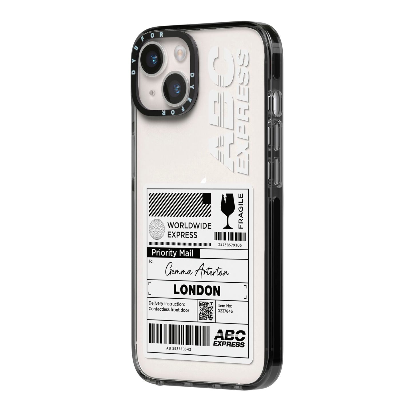 Monochrome Courier Label with Name iPhone 14 Black Impact Case Side Angle on Silver phone