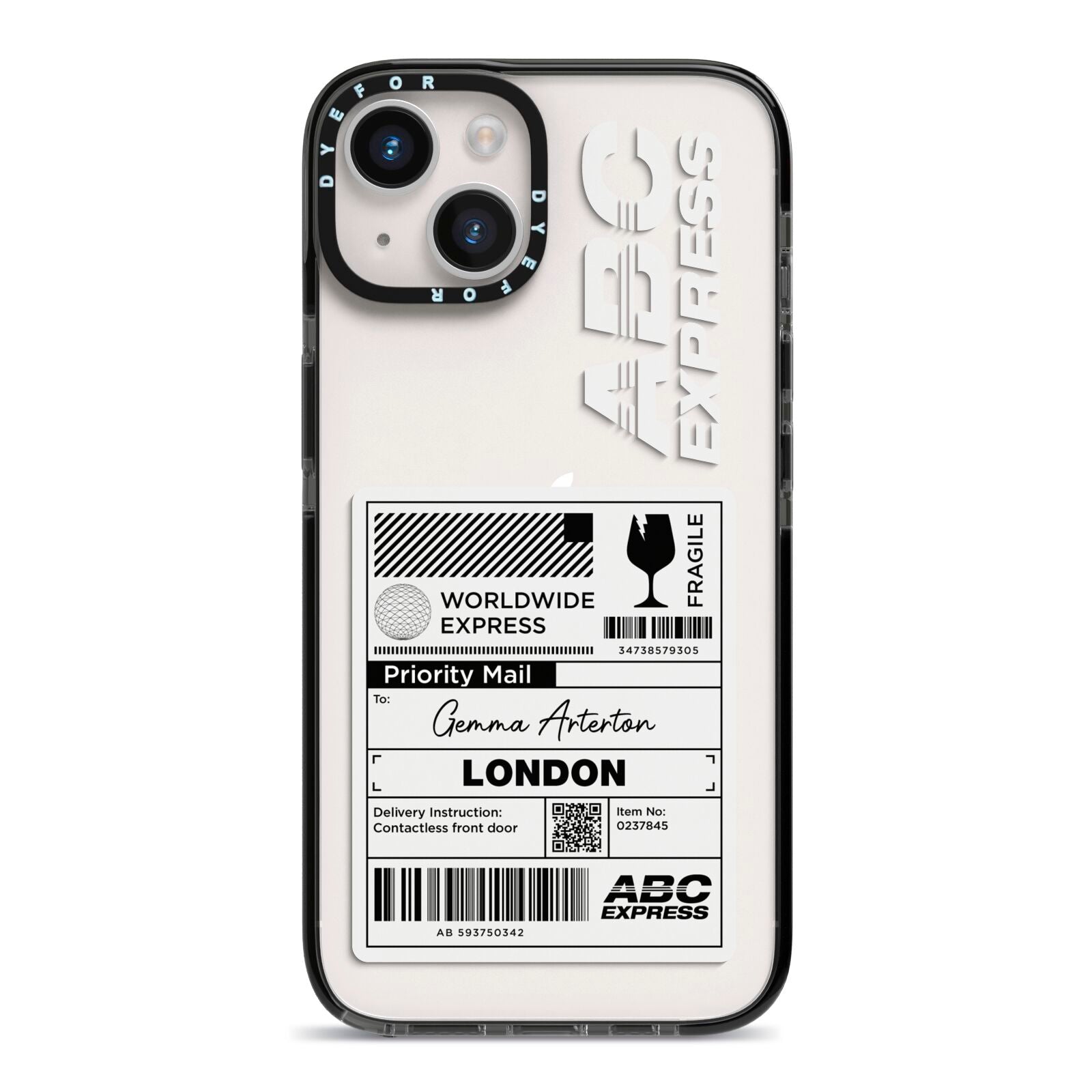 Monochrome Courier Label with Name iPhone 14 Black Impact Case on Silver phone