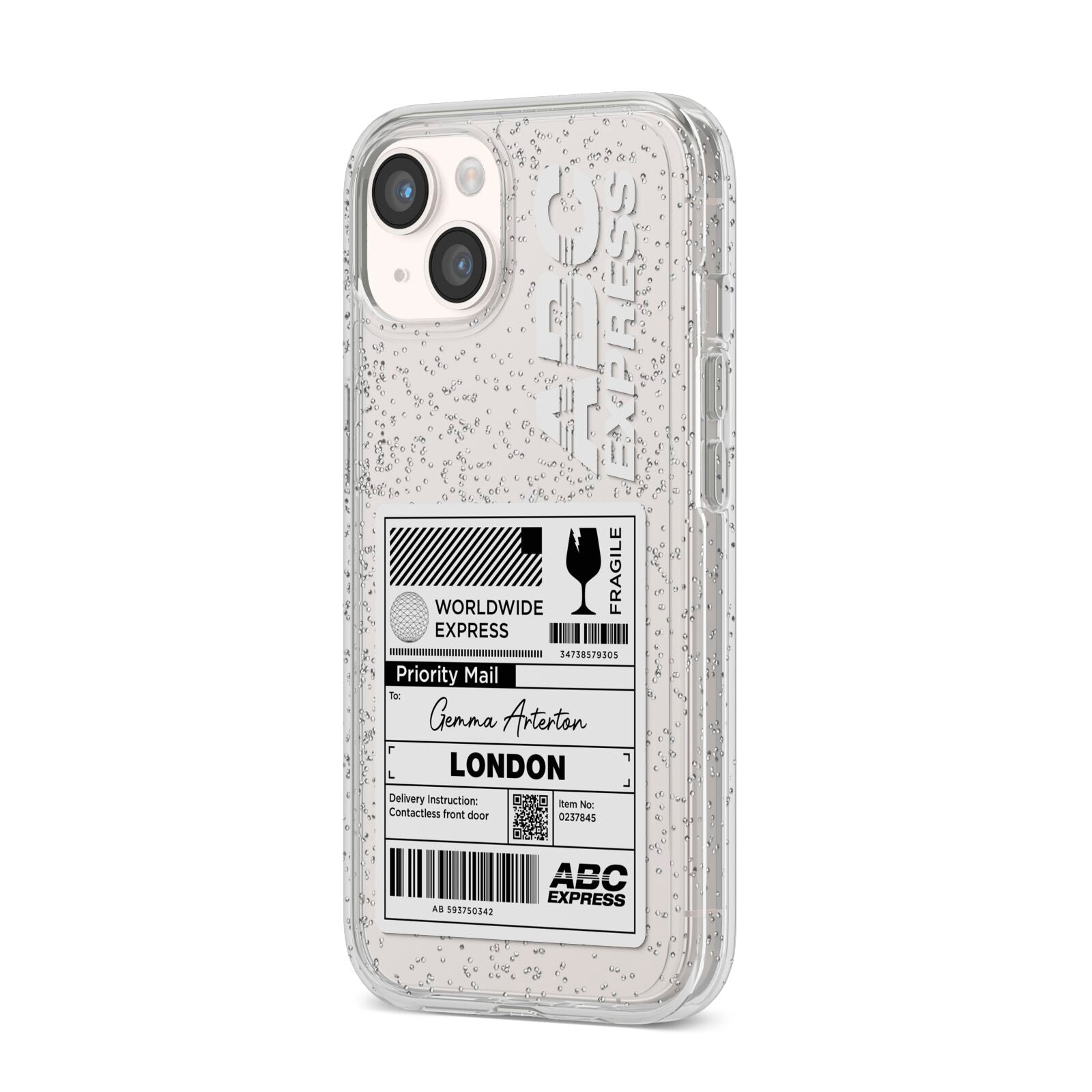 Monochrome Courier Label with Name iPhone 14 Glitter Tough Case Starlight Angled Image