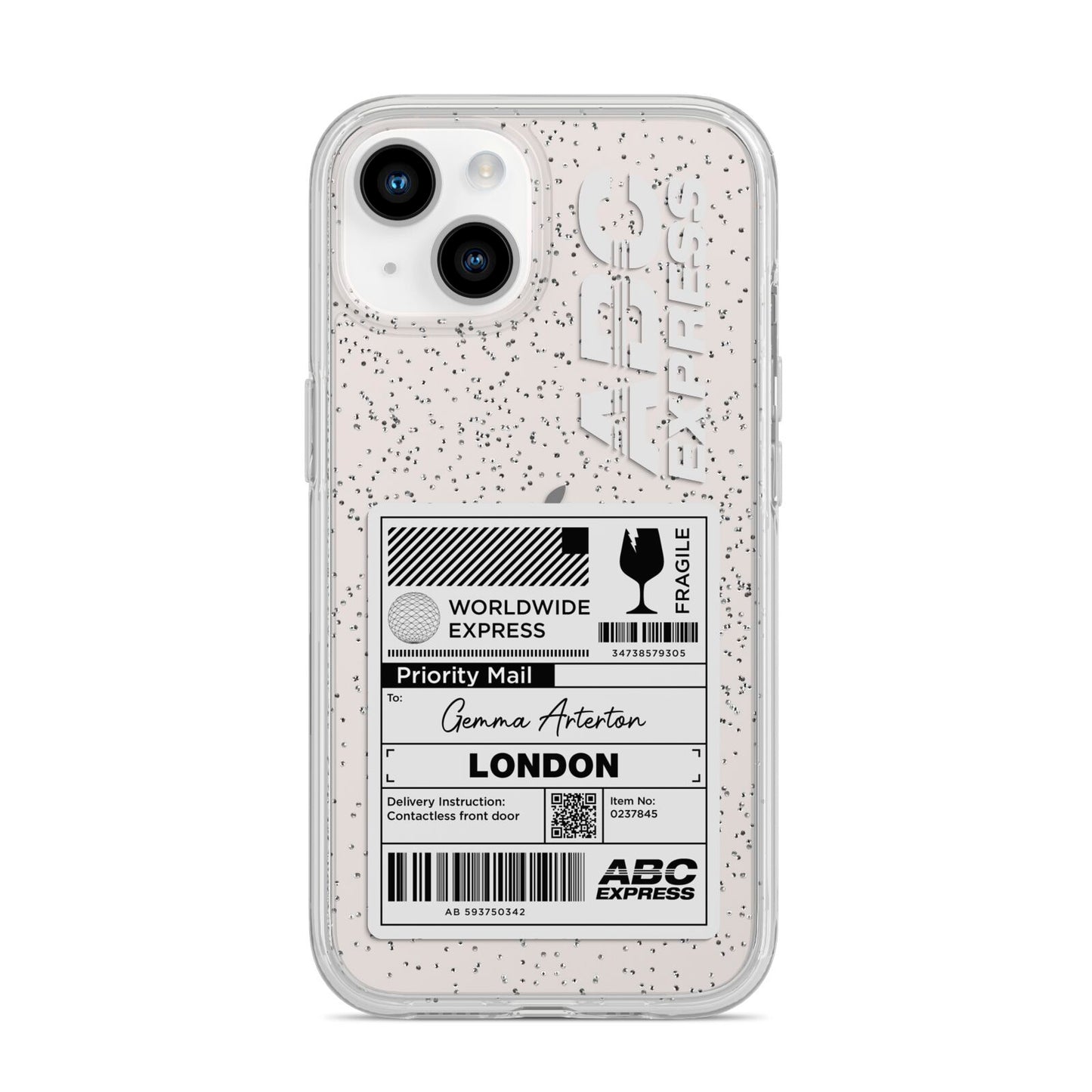 Monochrome Courier Label with Name iPhone 14 Glitter Tough Case Starlight