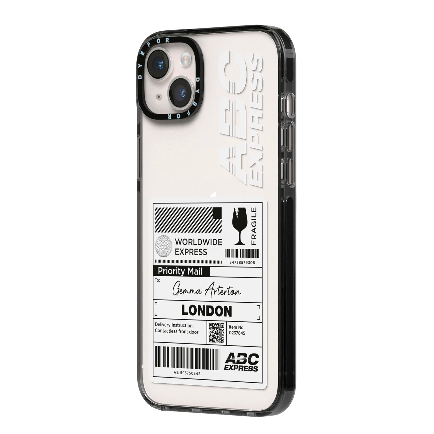 Monochrome Courier Label with Name iPhone 14 Plus Black Impact Case Side Angle on Silver phone