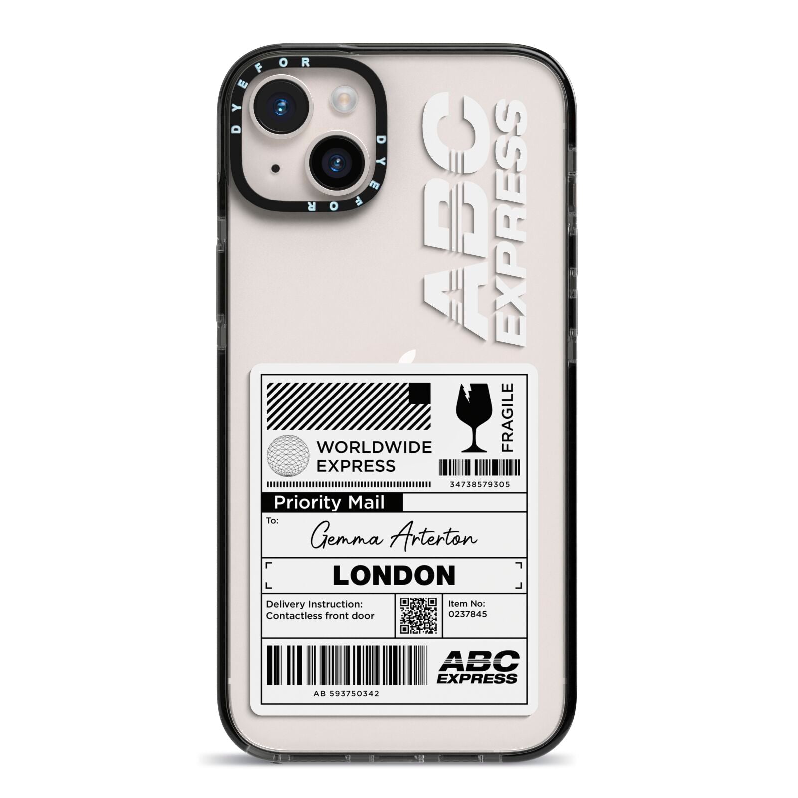 Monochrome Courier Label with Name iPhone 14 Plus Black Impact Case on Silver phone