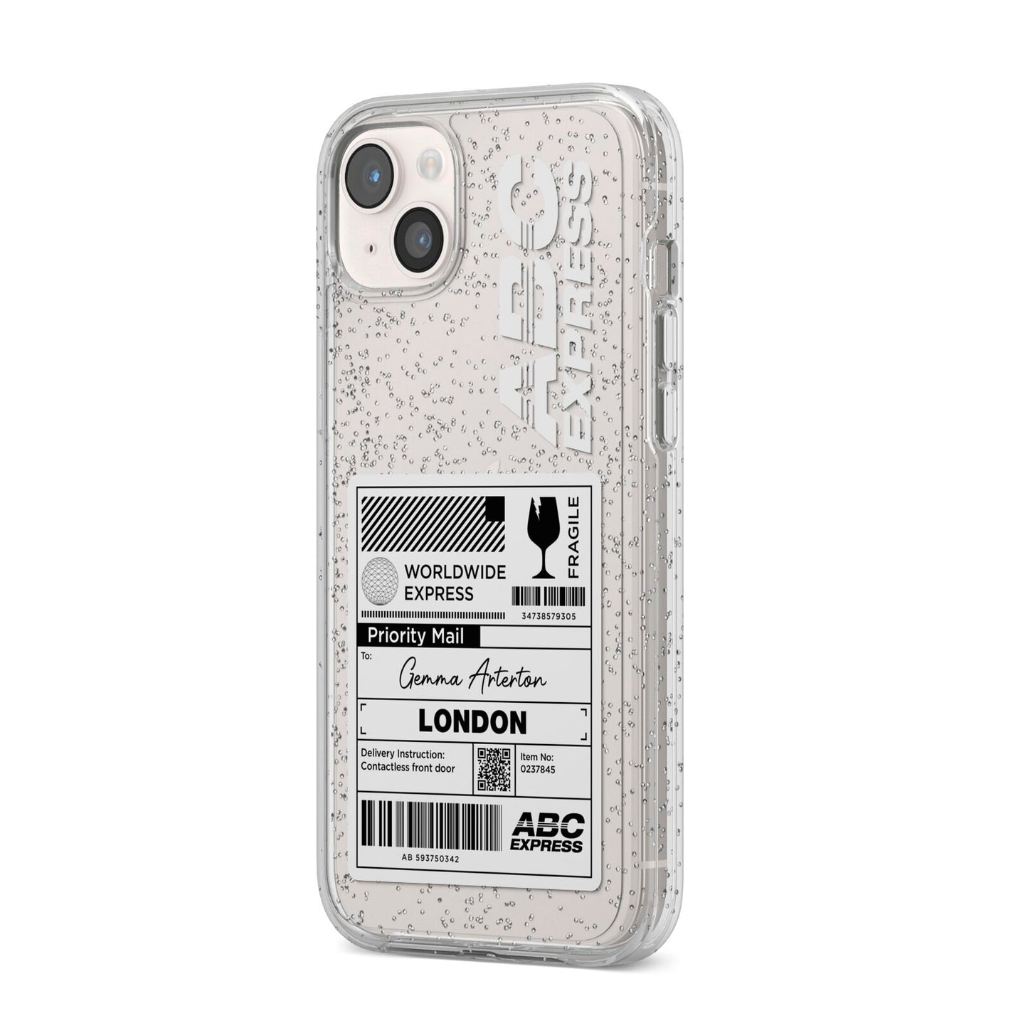 Monochrome Courier Label with Name iPhone 14 Plus Glitter Tough Case Starlight Angled Image