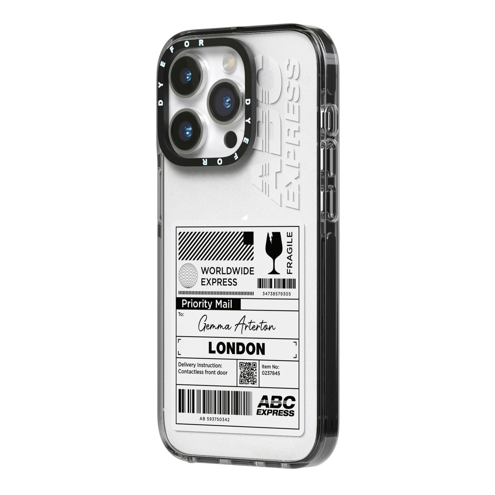 Monochrome Courier Label with Name iPhone 14 Pro Black Impact Case Side Angle on Silver phone