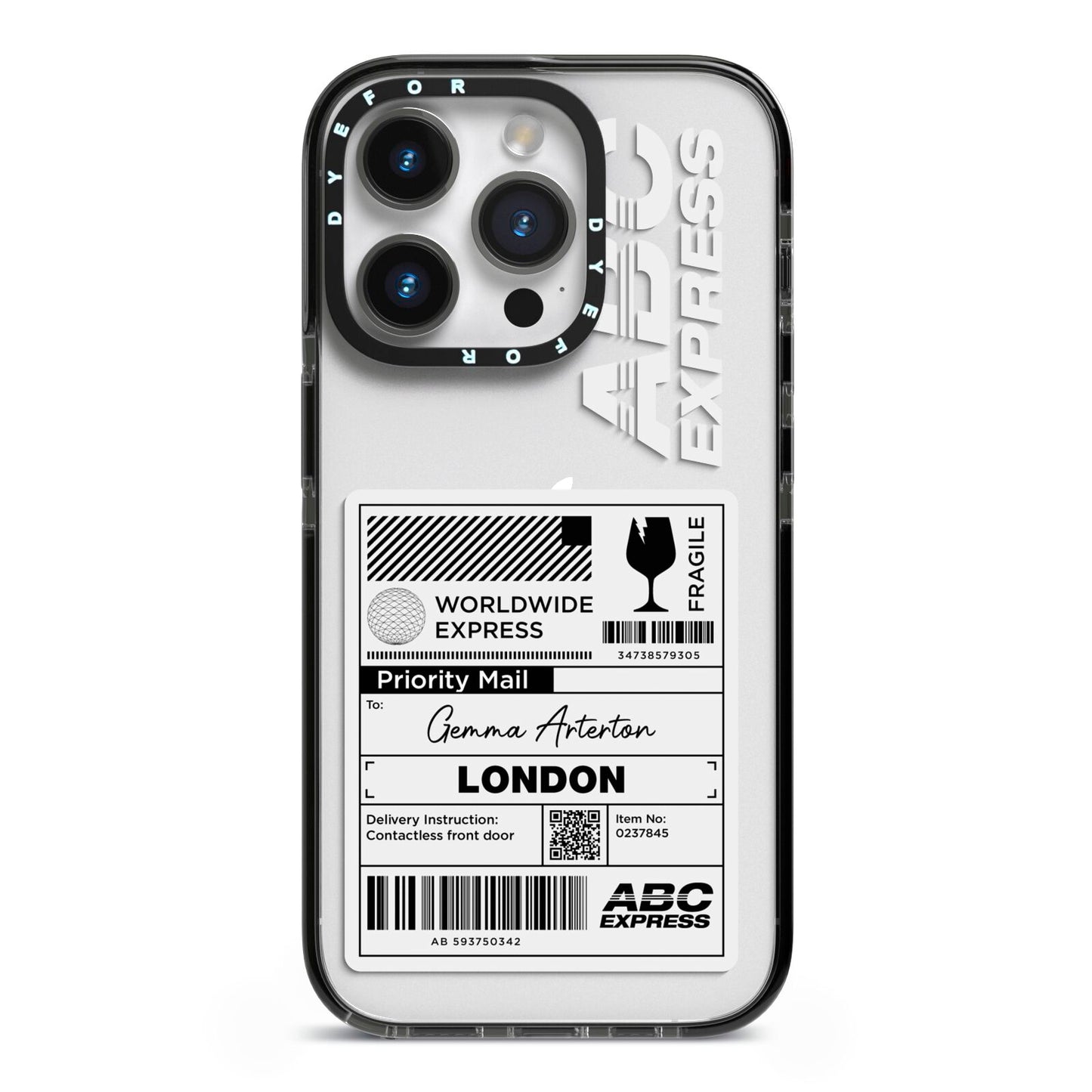 Monochrome Courier Label with Name iPhone 14 Pro Black Impact Case on Silver phone