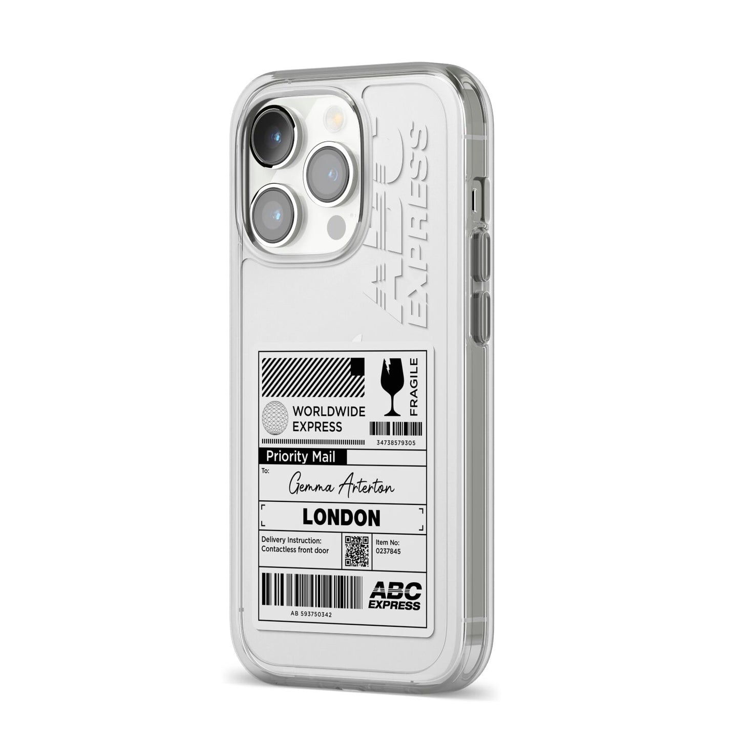 Monochrome Courier Label with Name iPhone 14 Pro Clear Tough Case Silver Angled Image