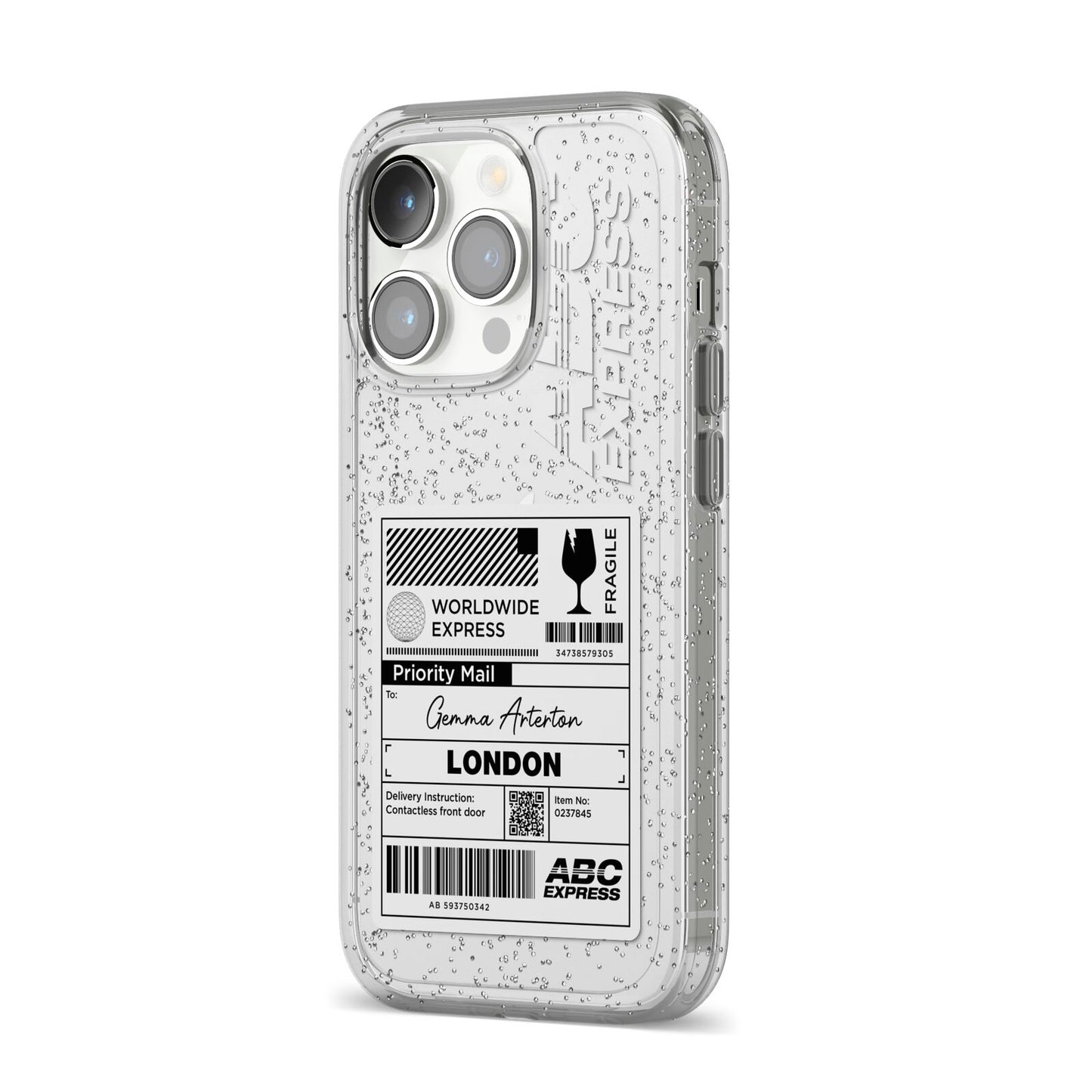 Monochrome Courier Label with Name iPhone 14 Pro Glitter Tough Case Silver Angled Image