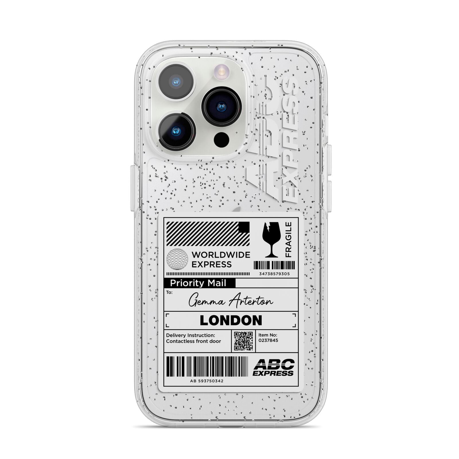 Monochrome Courier Label with Name iPhone 14 Pro Glitter Tough Case Silver