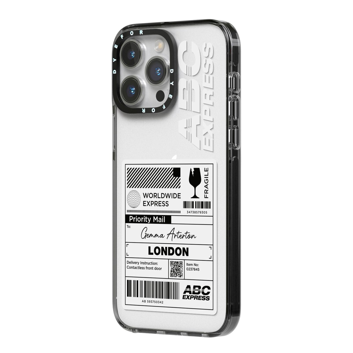 Monochrome Courier Label with Name iPhone 14 Pro Max Black Impact Case Side Angle on Silver phone