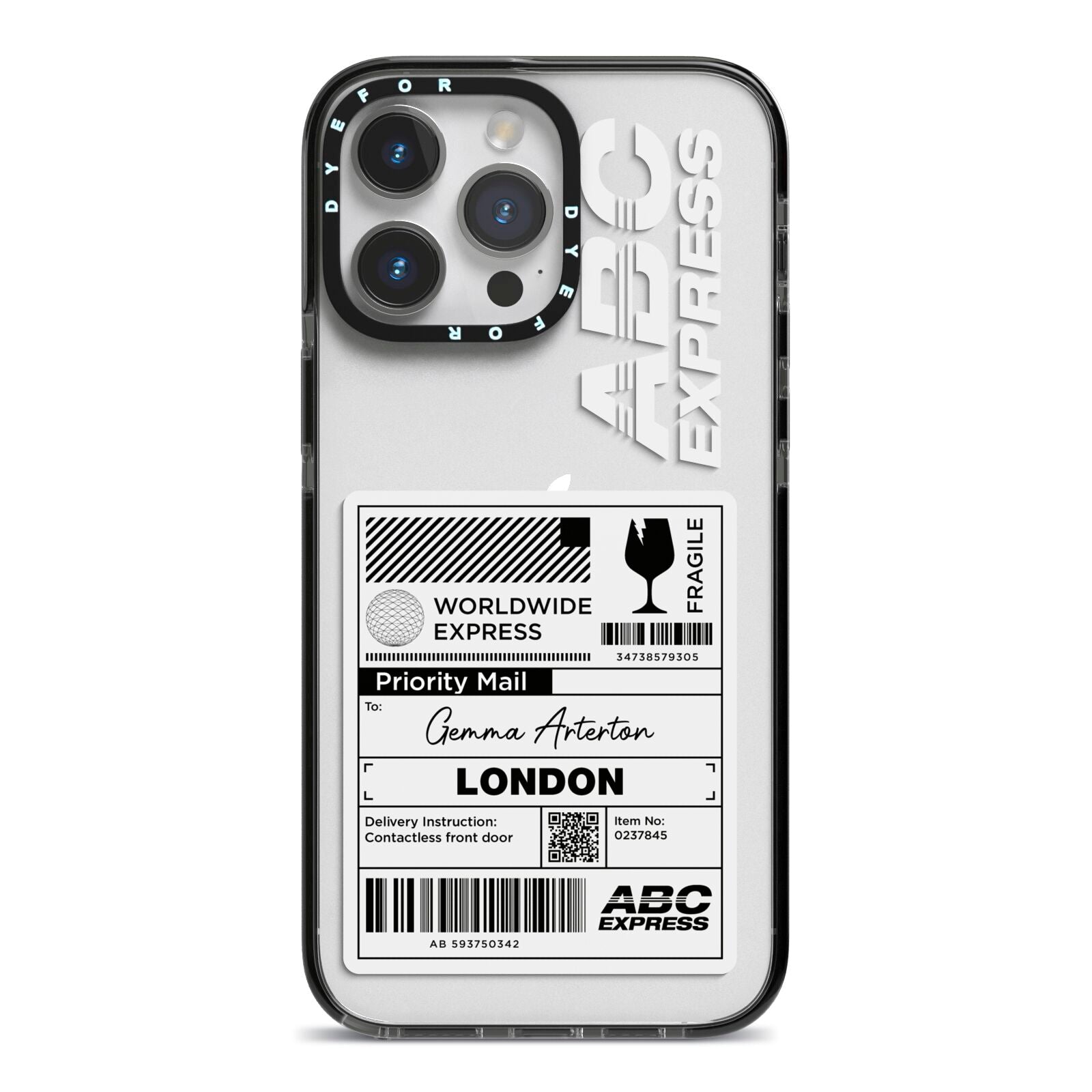 Monochrome Courier Label with Name iPhone 14 Pro Max Black Impact Case on Silver phone