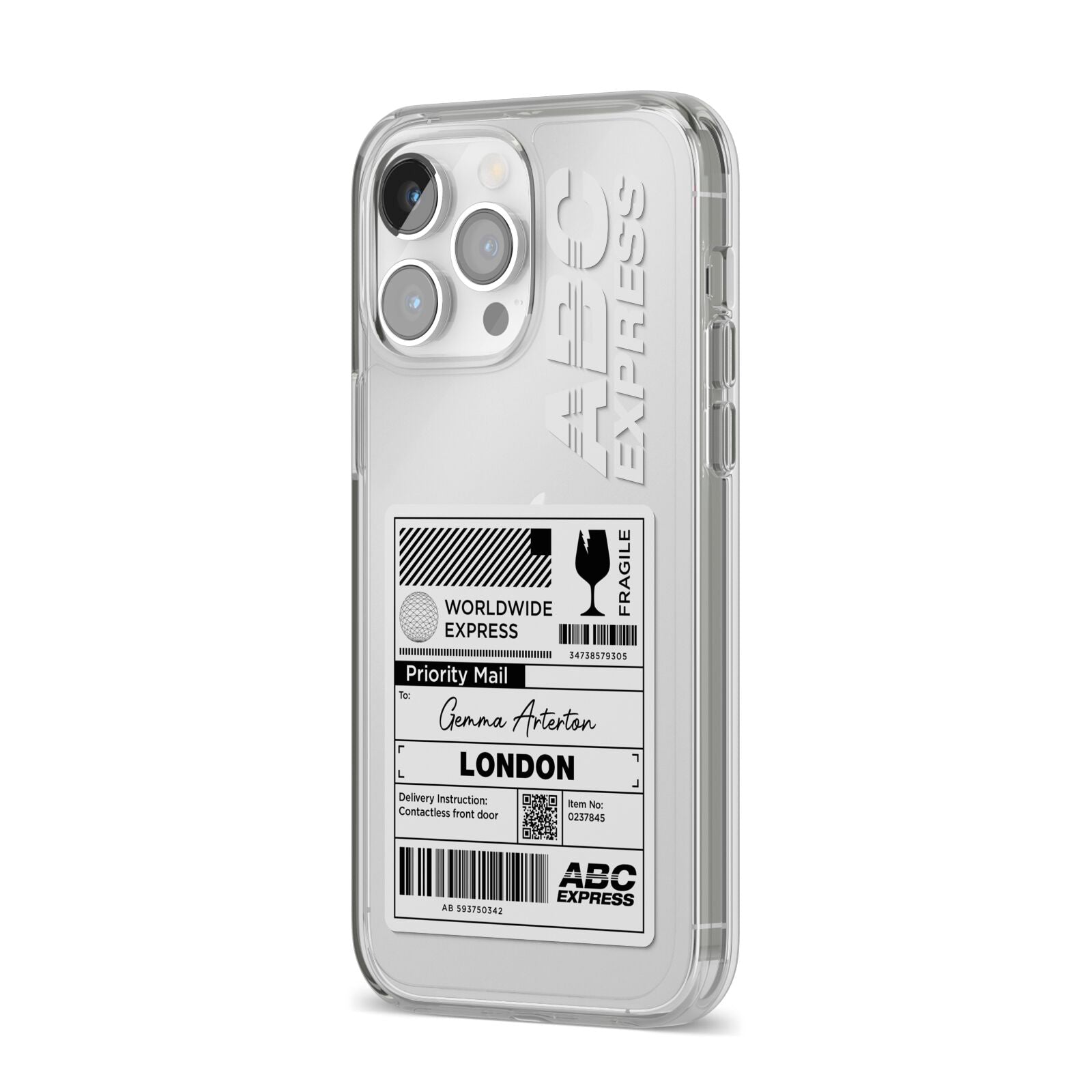 Monochrome Courier Label with Name iPhone 14 Pro Max Clear Tough Case Silver Angled Image