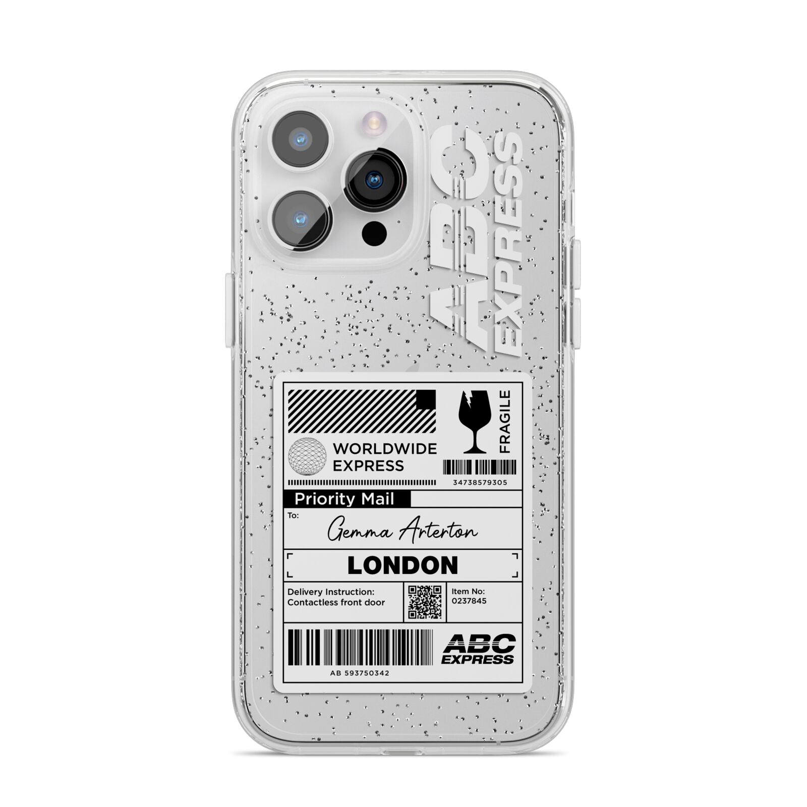 Monochrome Courier Label with Name iPhone 14 Pro Max Glitter Tough Case Silver