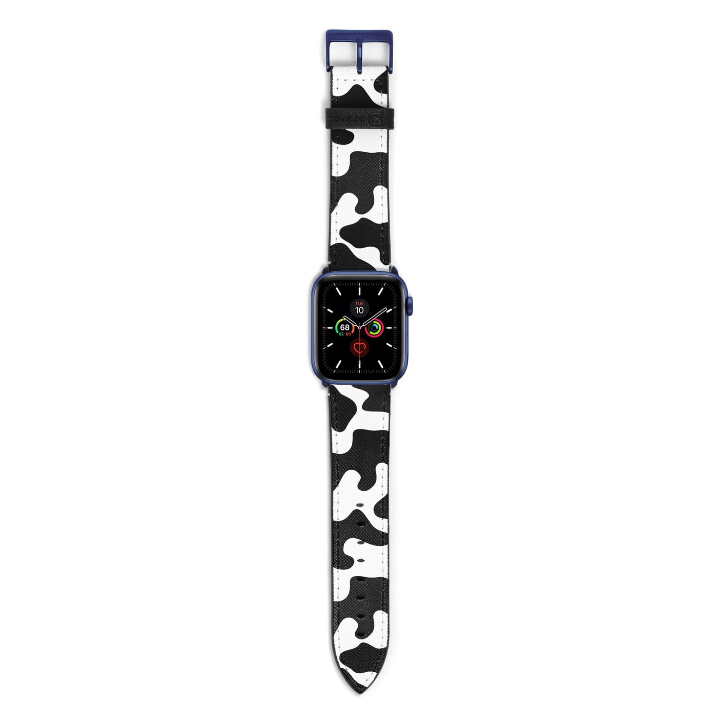 Monochrome Cow Print Apple Watch Strap with Blue Hardware