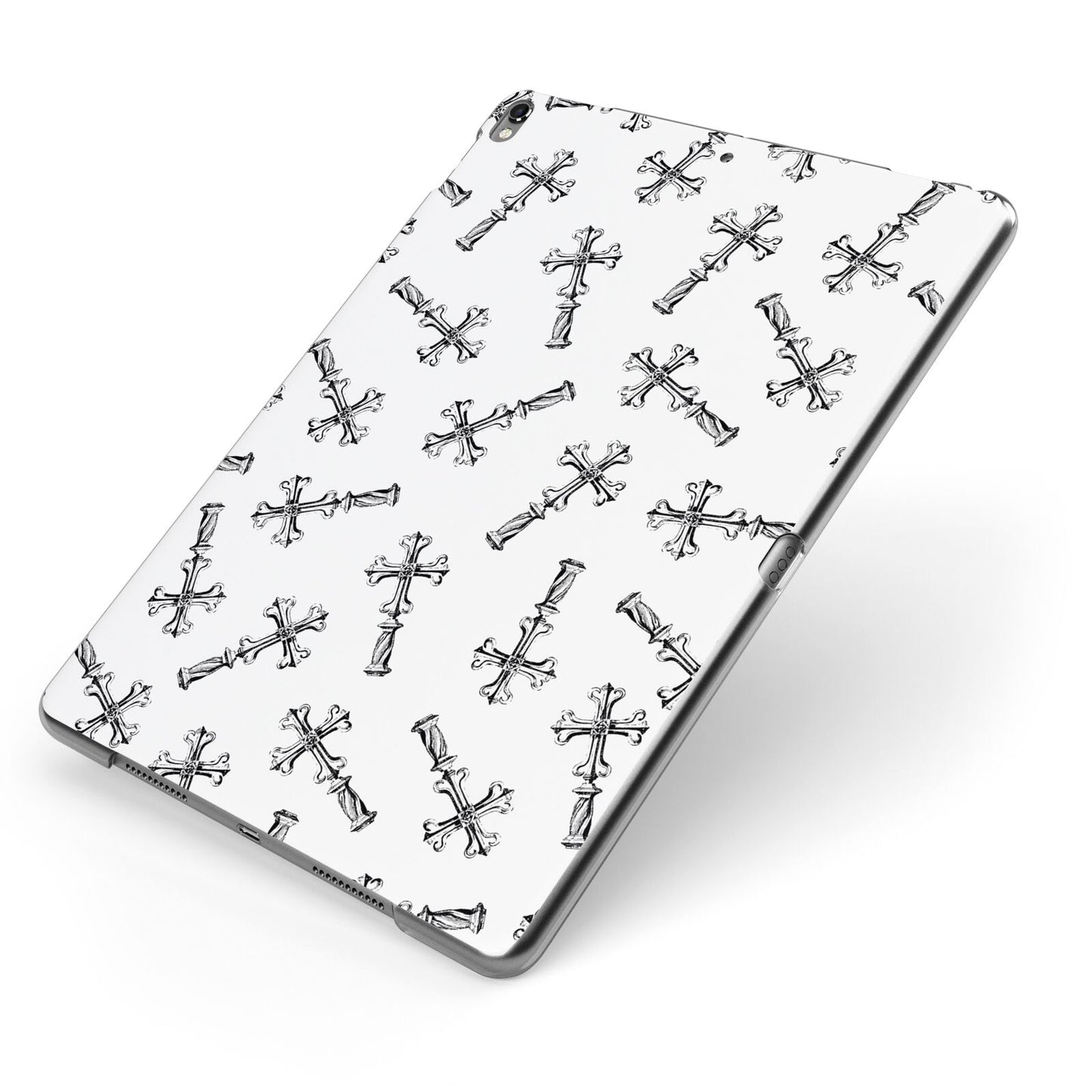 Monochrome Crosses Apple iPad Case on Grey iPad Side View