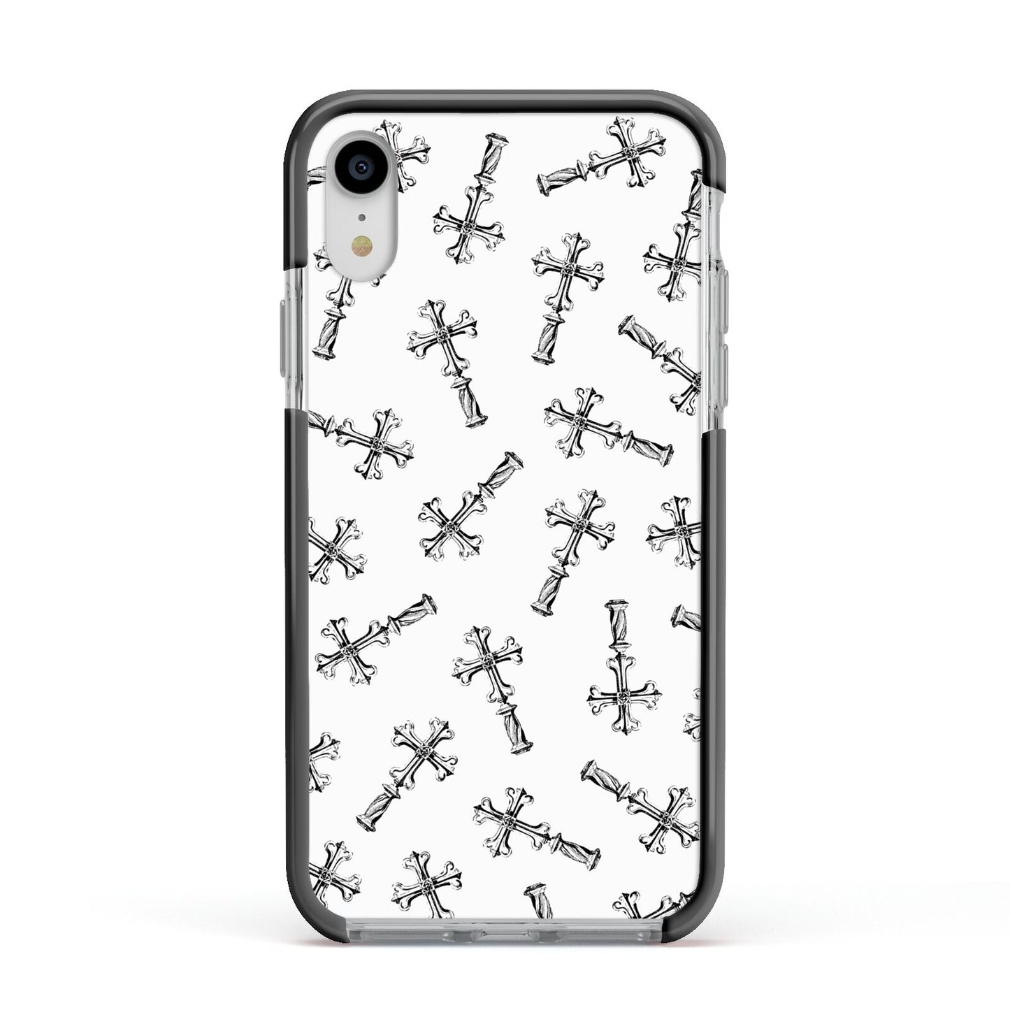 Monochrome Crosses Apple iPhone XR Impact Case Black Edge on Silver Phone