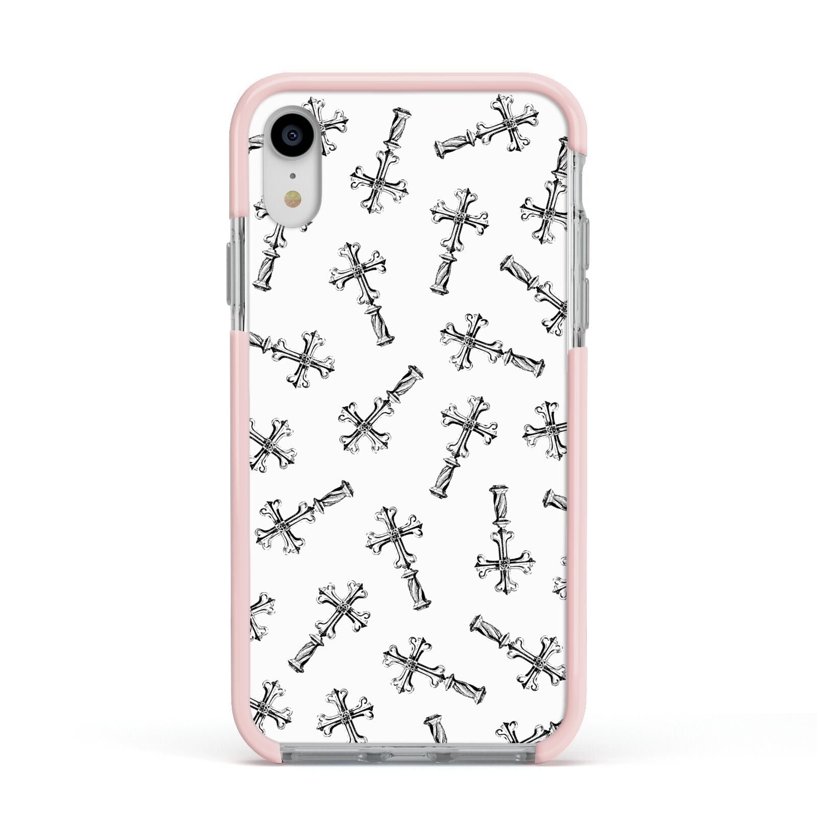 Monochrome Crosses Apple iPhone XR Impact Case Pink Edge on Silver Phone