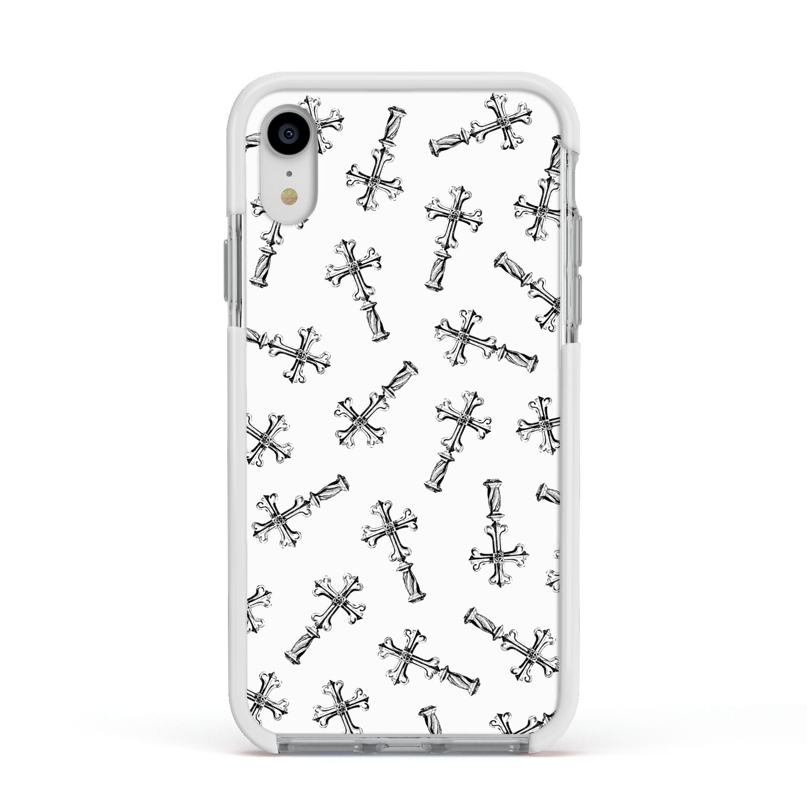 Monochrome Crosses Apple iPhone XR Impact Case White Edge on Silver Phone