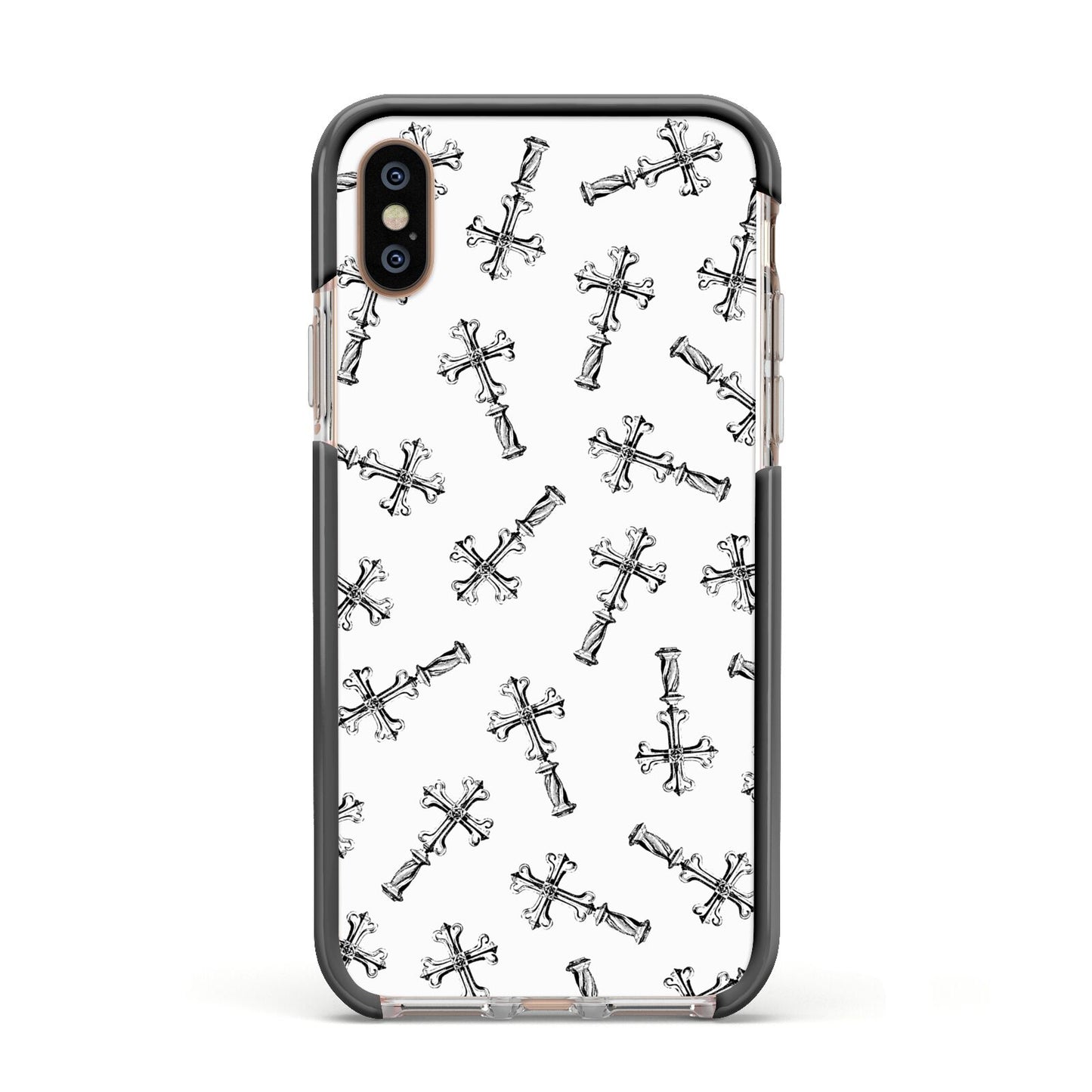 Monochrome Crosses Apple iPhone Xs Impact Case Black Edge on Gold Phone