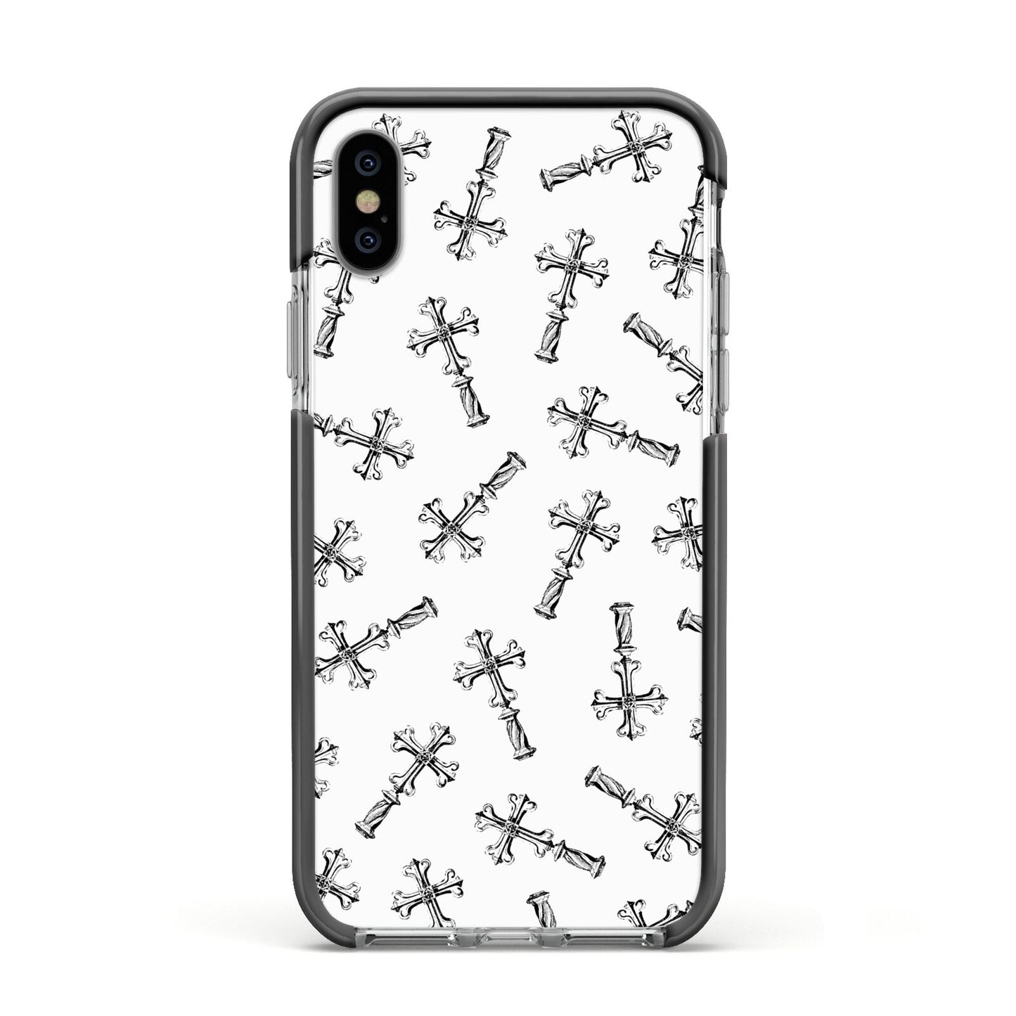 Monochrome Crosses Apple iPhone Xs Impact Case Black Edge on Silver Phone