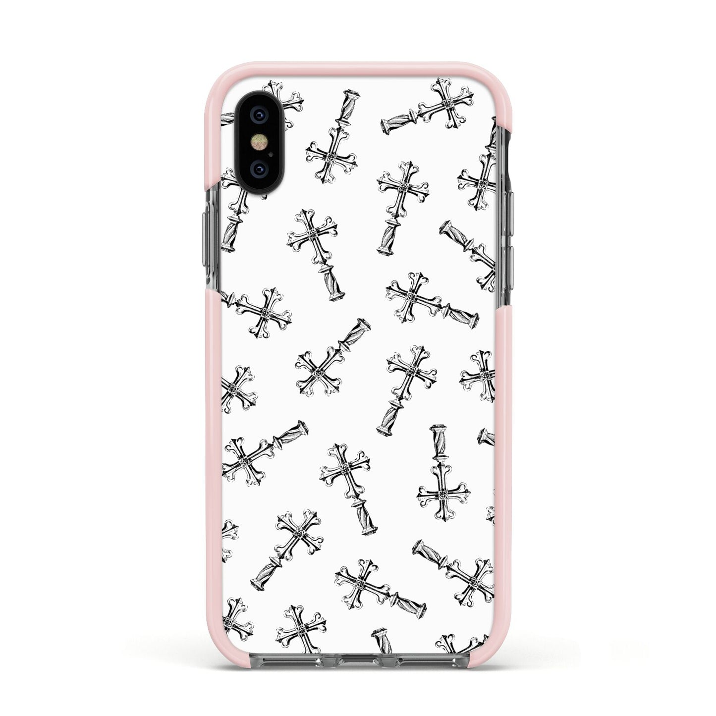 Monochrome Crosses Apple iPhone Xs Impact Case Pink Edge on Black Phone