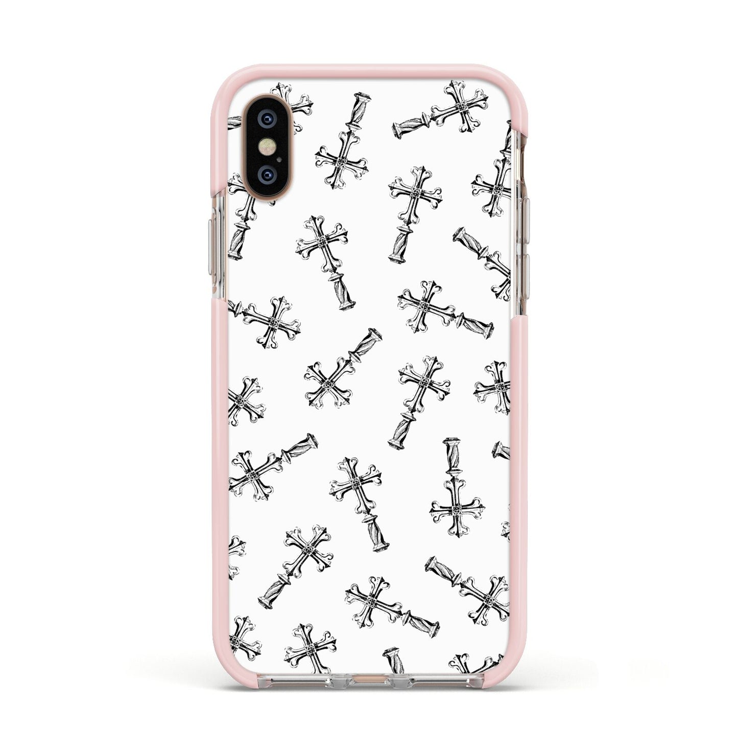 Monochrome Crosses Apple iPhone Xs Impact Case Pink Edge on Gold Phone