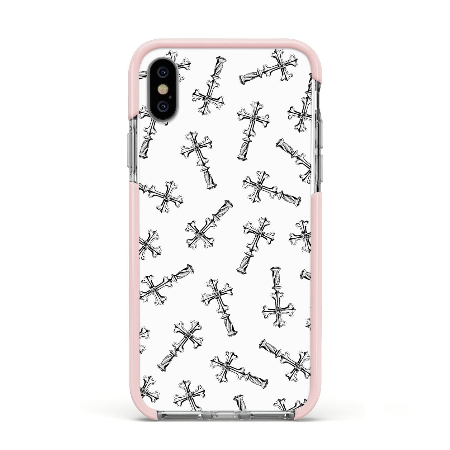 Monochrome Crosses Apple iPhone Xs Impact Case Pink Edge on Silver Phone