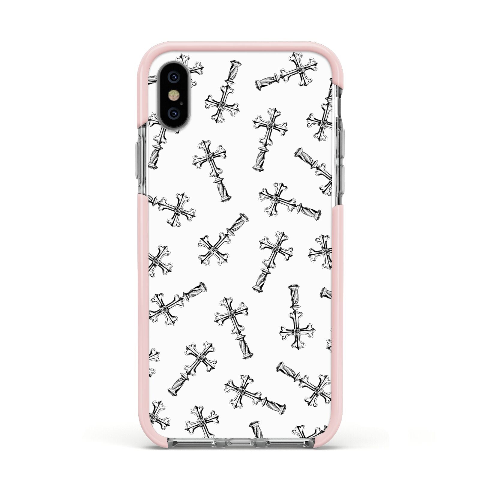 Monochrome Crosses Apple iPhone Xs Impact Case Pink Edge on Silver Phone