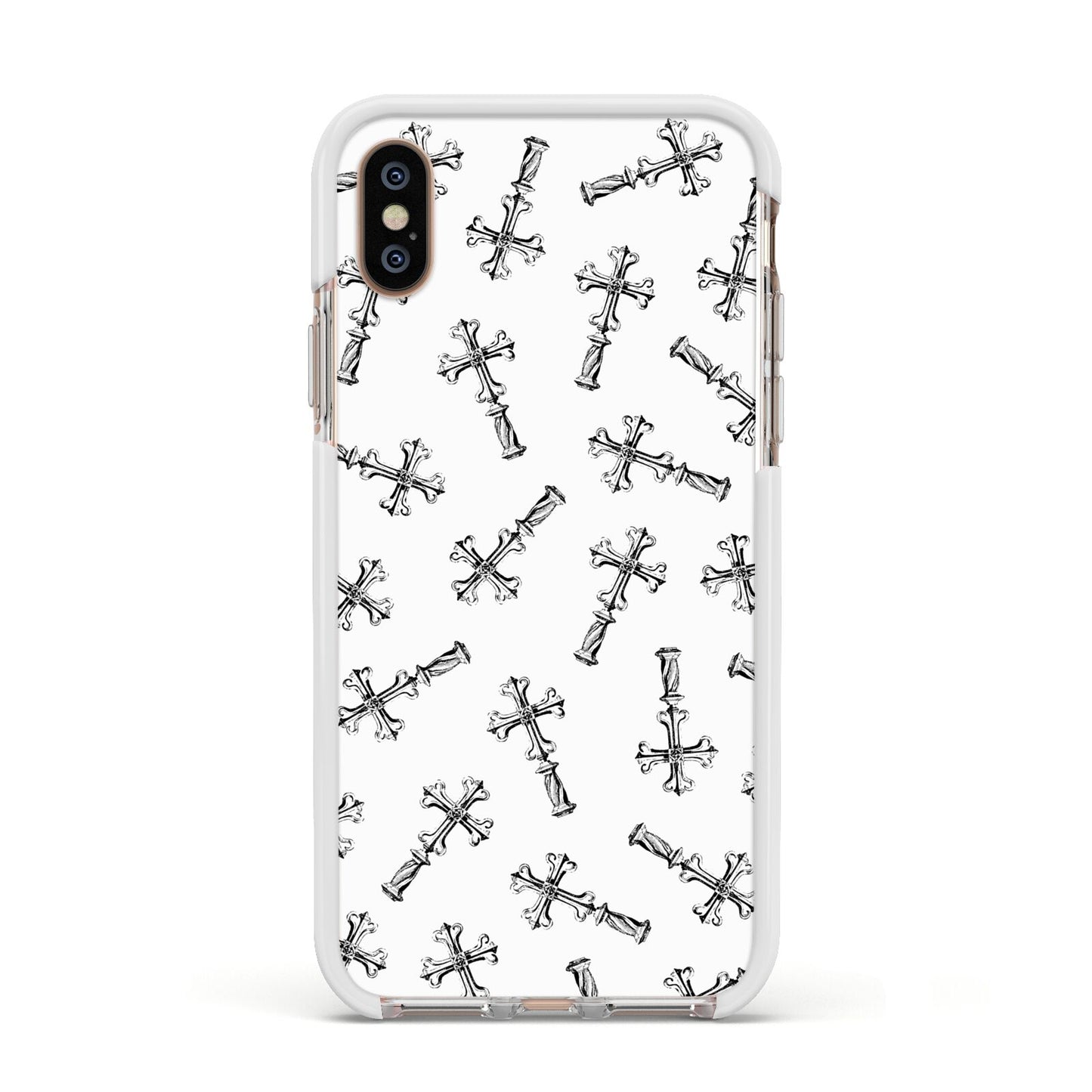 Monochrome Crosses Apple iPhone Xs Impact Case White Edge on Gold Phone