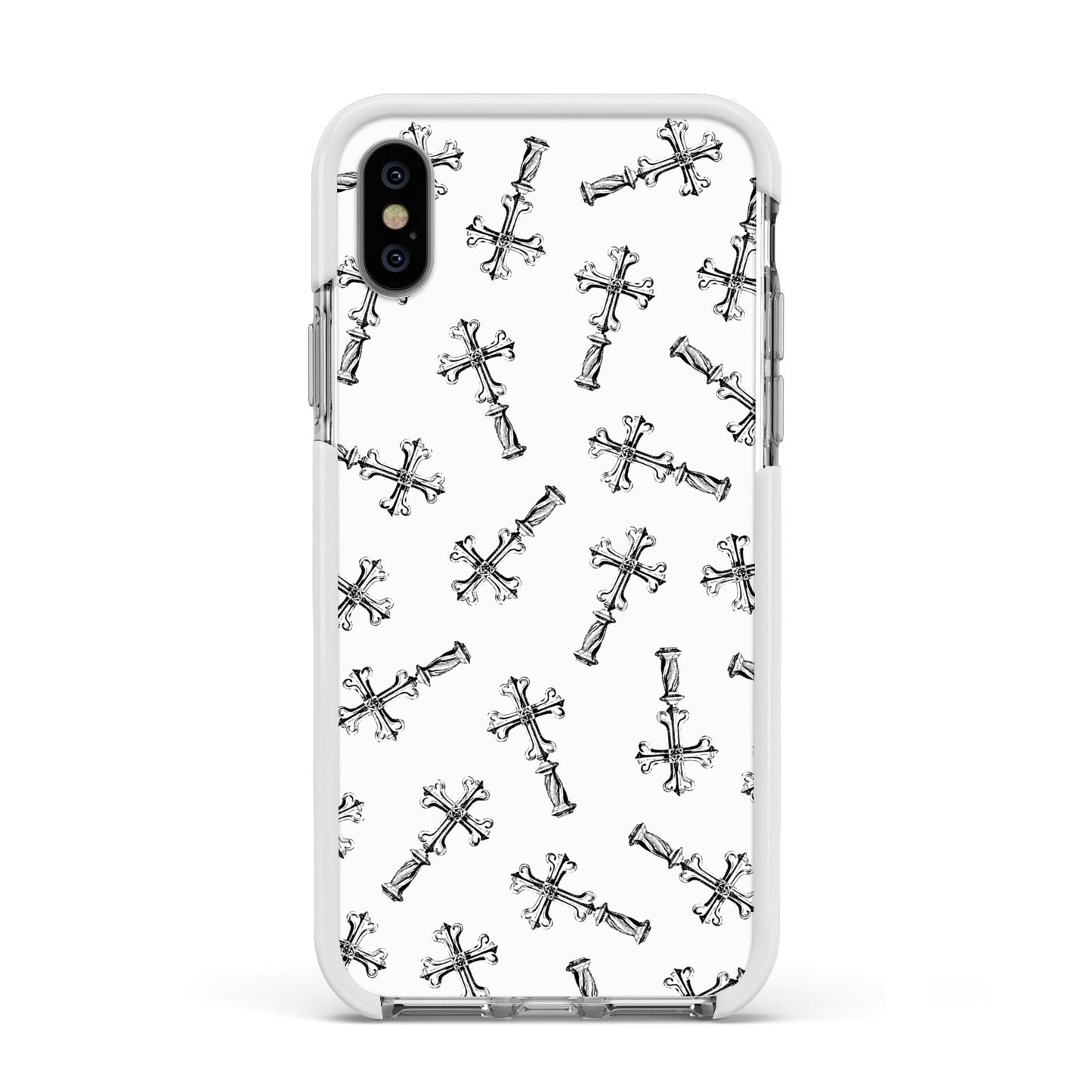 Monochrome Crosses Apple iPhone Xs Impact Case White Edge on Silver Phone