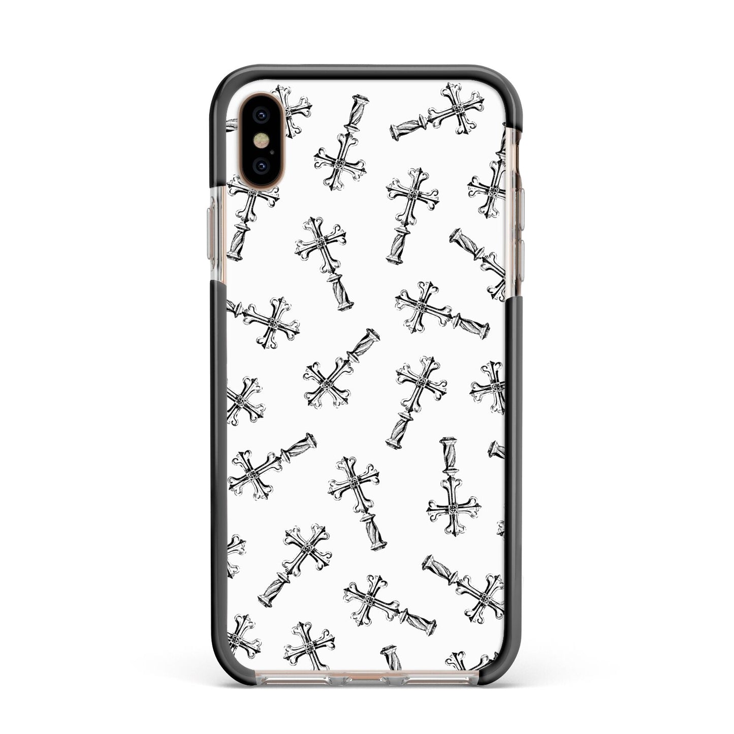 Monochrome Crosses Apple iPhone Xs Max Impact Case Black Edge on Gold Phone