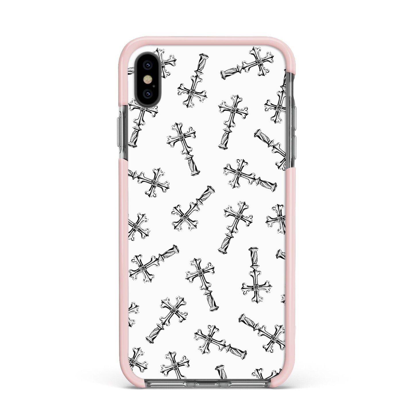 Monochrome Crosses Apple iPhone Xs Max Impact Case Pink Edge on Black Phone