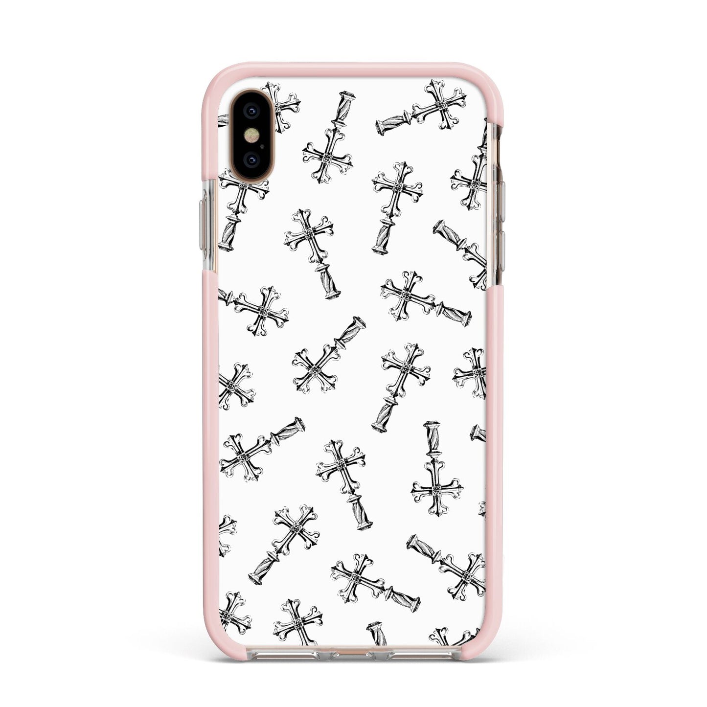 Monochrome Crosses Apple iPhone Xs Max Impact Case Pink Edge on Gold Phone