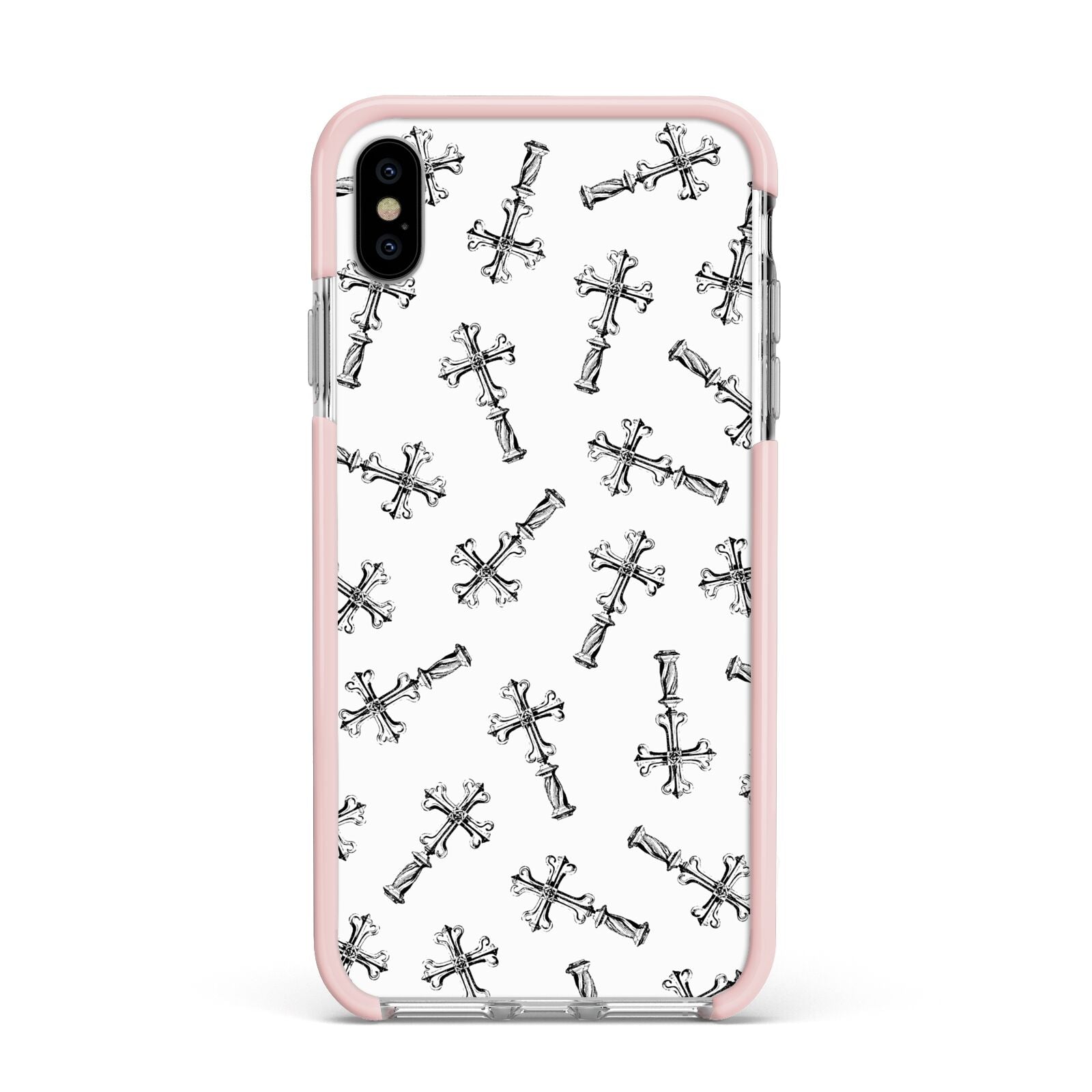 Monochrome Crosses Apple iPhone Xs Max Impact Case Pink Edge on Silver Phone