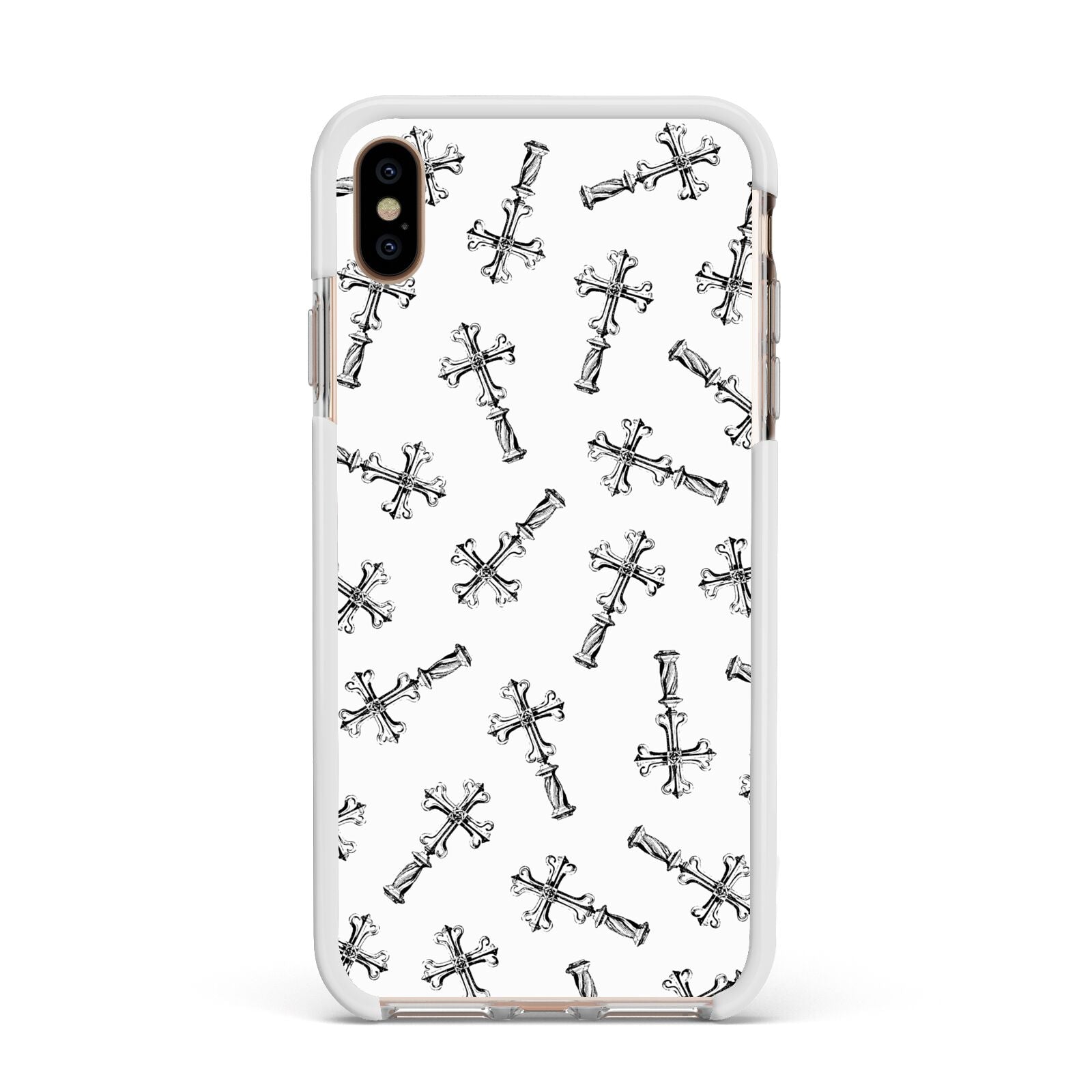 Monochrome Crosses Apple iPhone Xs Max Impact Case White Edge on Gold Phone