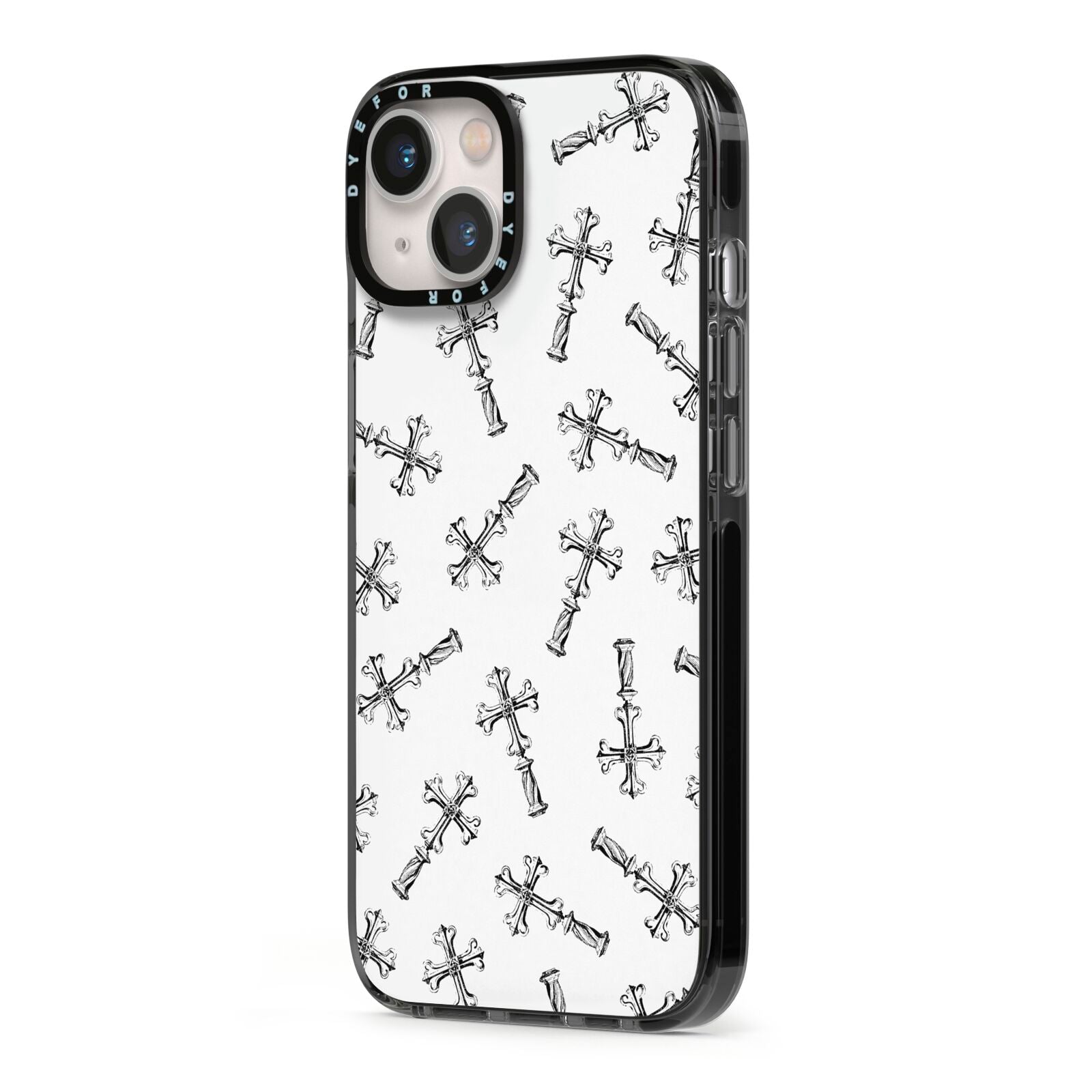 Monochrome Crosses iPhone 13 Black Impact Case Side Angle on Silver phone