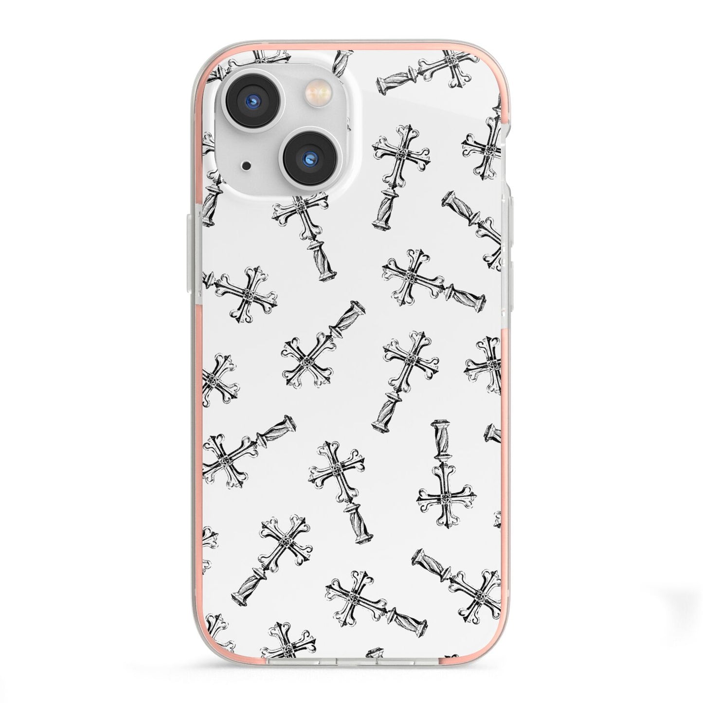 Monochrome Crosses iPhone 13 Mini TPU Impact Case with Pink Edges