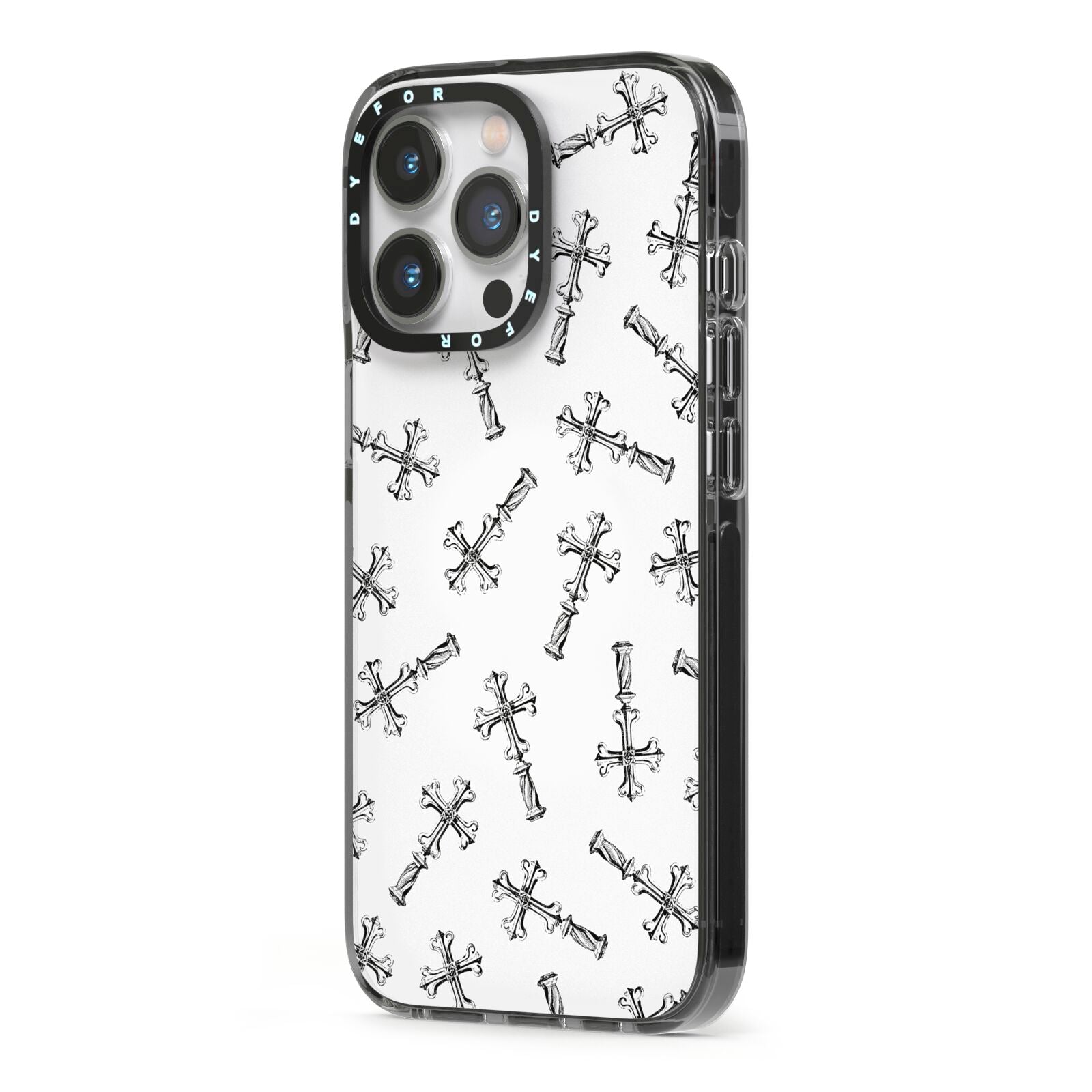 Monochrome Crosses iPhone 13 Pro Black Impact Case Side Angle on Silver phone