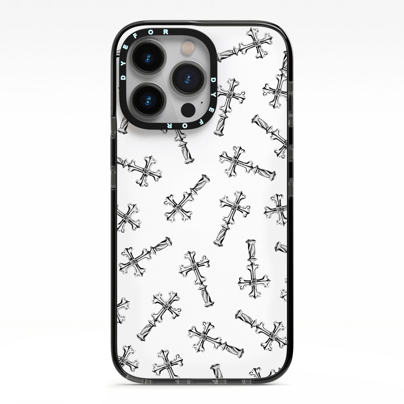 Monochrome Crosses iPhone 13 Pro Black Impact Case on Silver phone