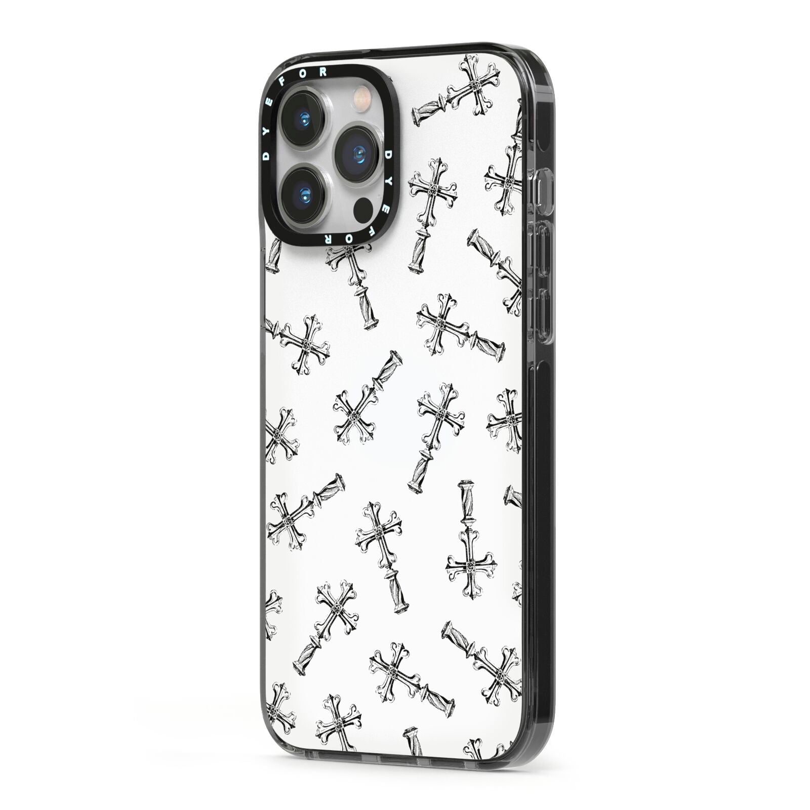 Monochrome Crosses iPhone 13 Pro Max Black Impact Case Side Angle on Silver phone