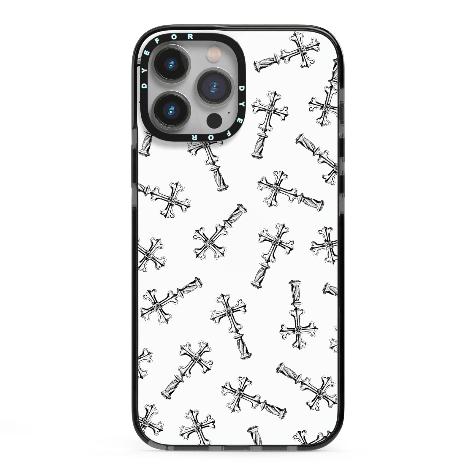 Monochrome Crosses iPhone 13 Pro Max Black Impact Case on Silver phone