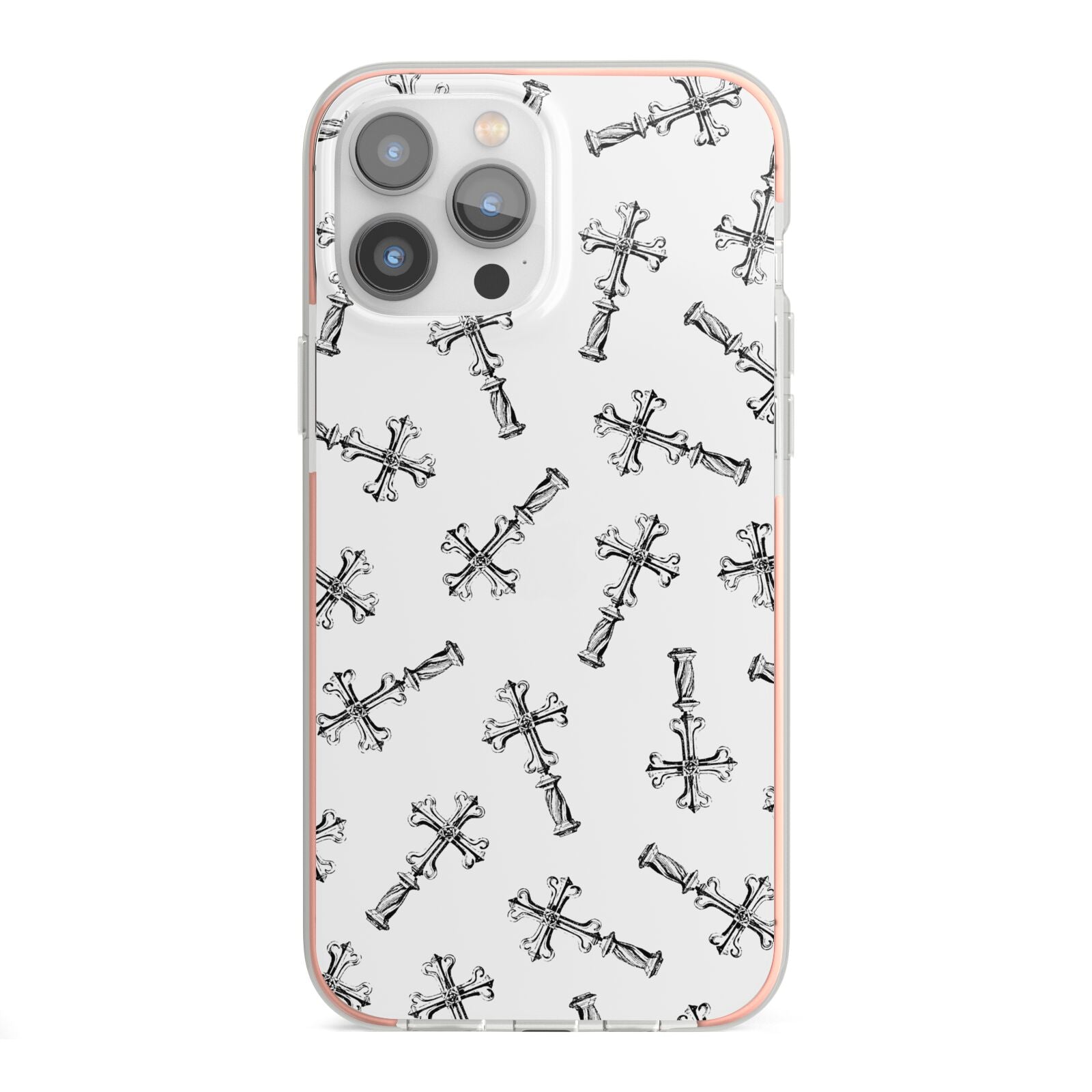 Monochrome Crosses iPhone 13 Pro Max TPU Impact Case with Pink Edges