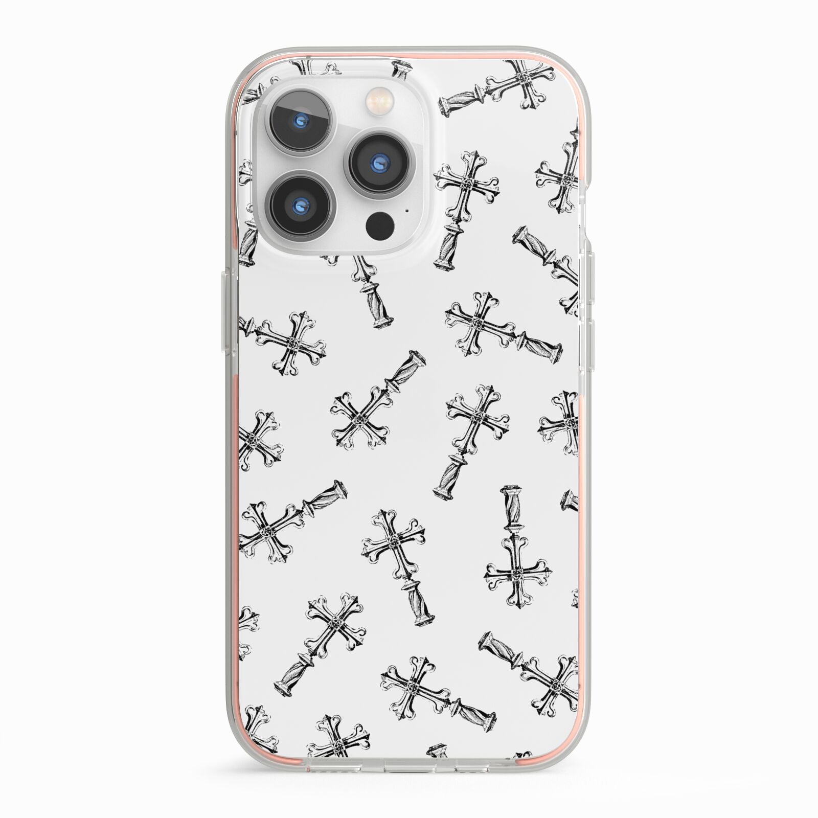 Monochrome Crosses iPhone 13 Pro TPU Impact Case with Pink Edges