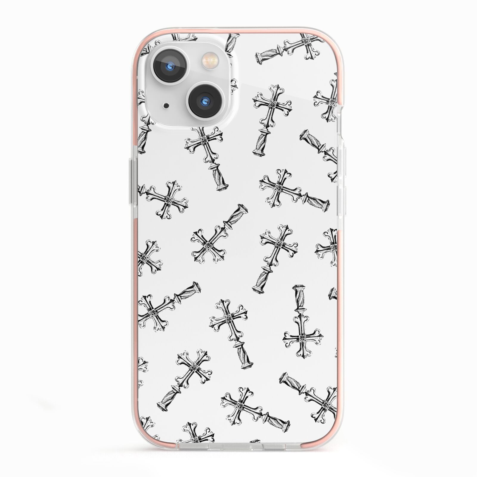 Monochrome Crosses iPhone 13 TPU Impact Case with Pink Edges