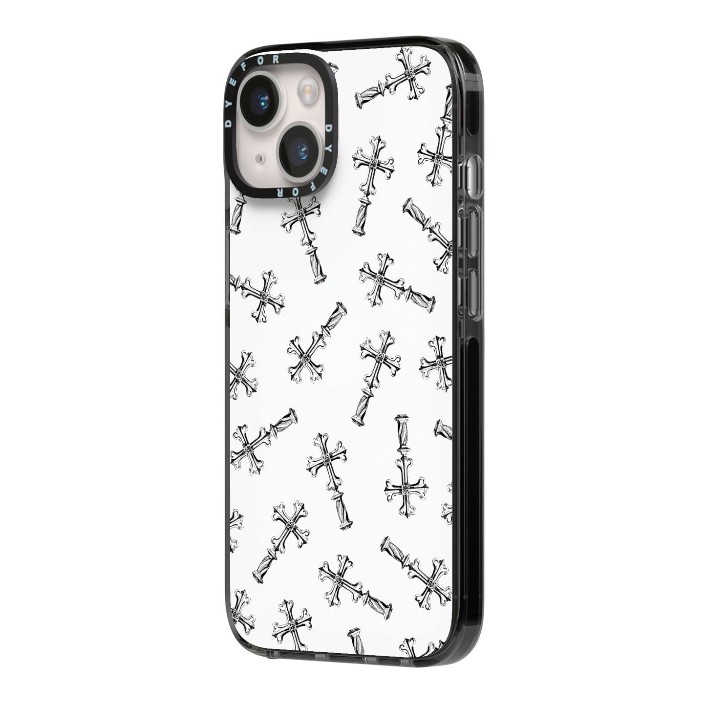 Monochrome Crosses iPhone 14 Black Impact Case Side Angle on Silver phone