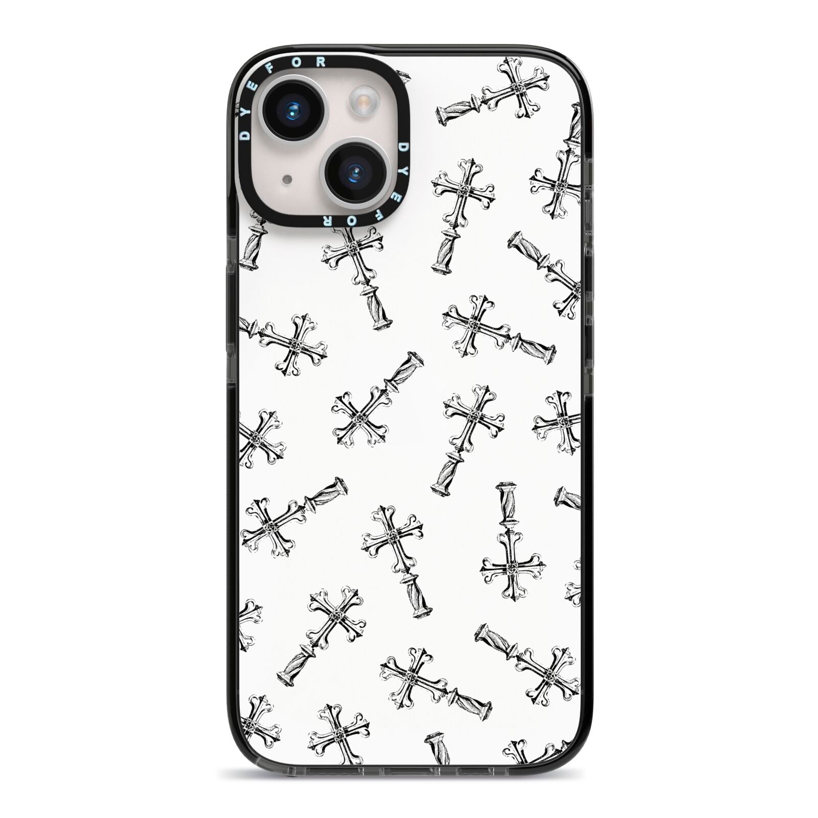 Monochrome Crosses iPhone 14 Black Impact Case on Silver phone