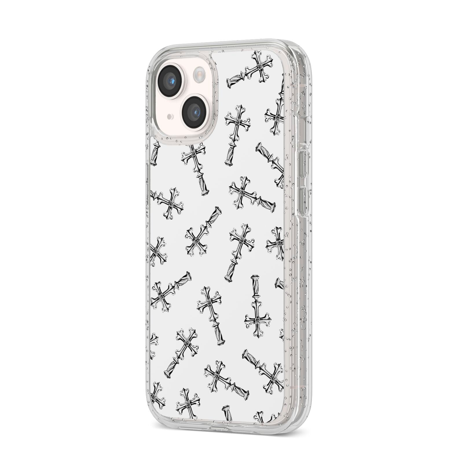 Monochrome Crosses iPhone 14 Glitter Tough Case Starlight Angled Image