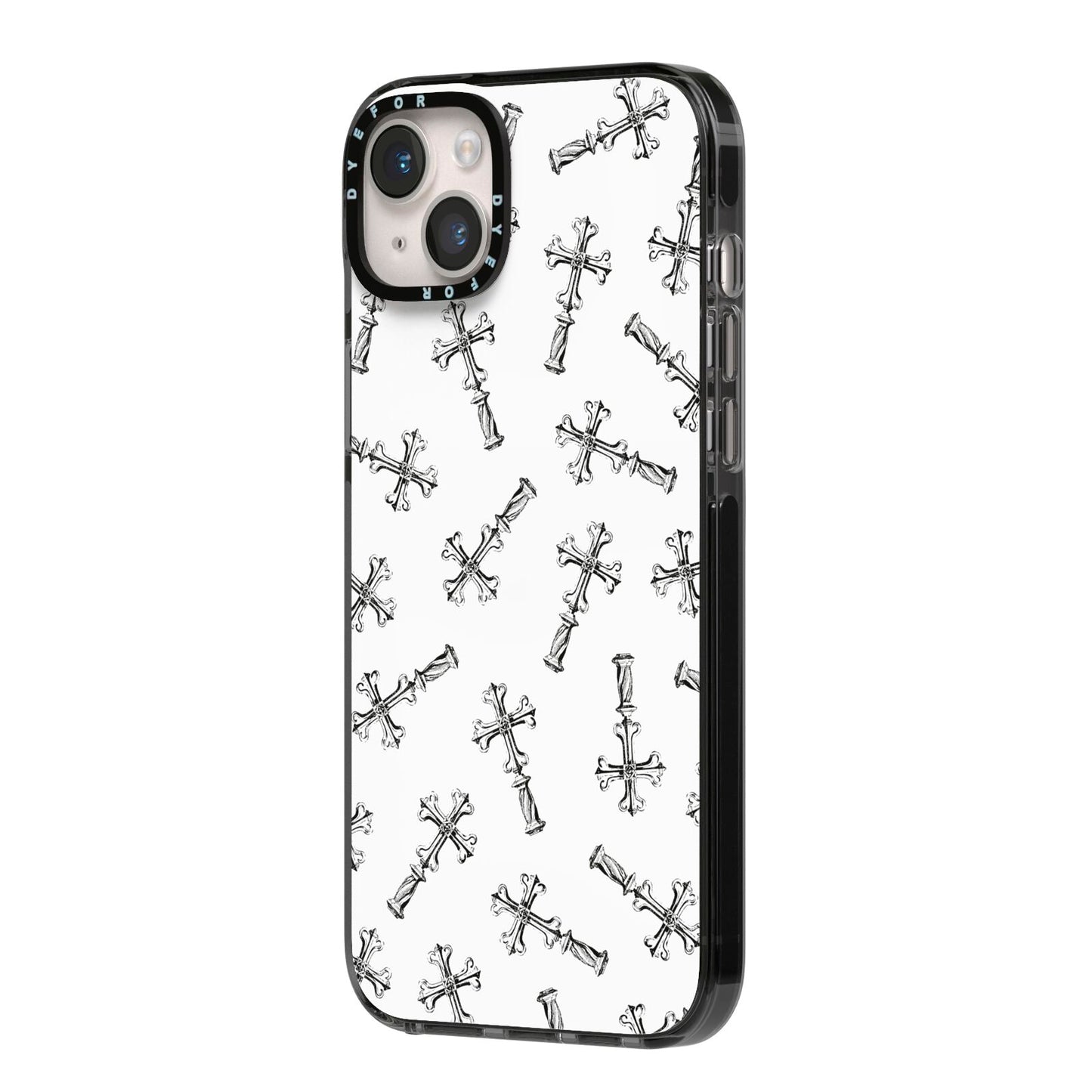 Monochrome Crosses iPhone 14 Plus Black Impact Case Side Angle on Silver phone