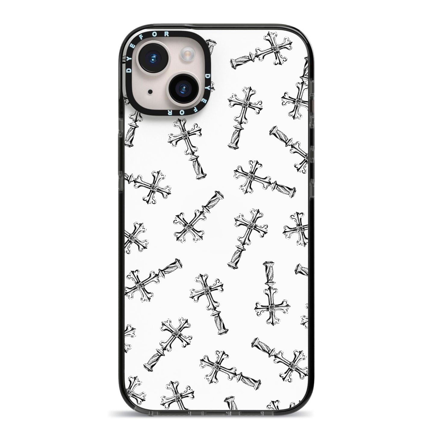 Monochrome Crosses iPhone 14 Plus Black Impact Case on Silver phone