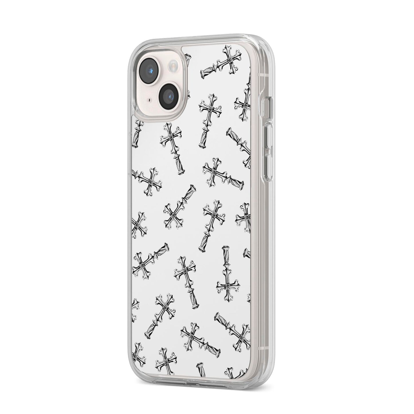 Monochrome Crosses iPhone 14 Plus Clear Tough Case Starlight Angled Image