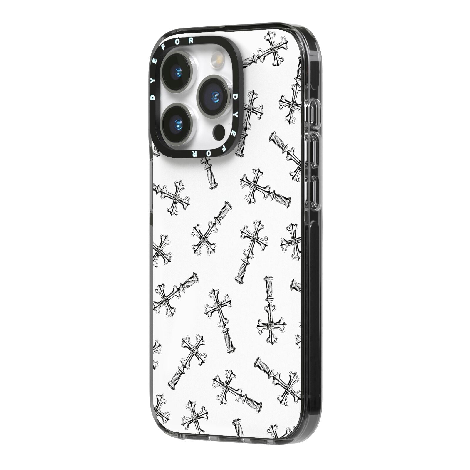 Monochrome Crosses iPhone 14 Pro Black Impact Case Side Angle on Silver phone